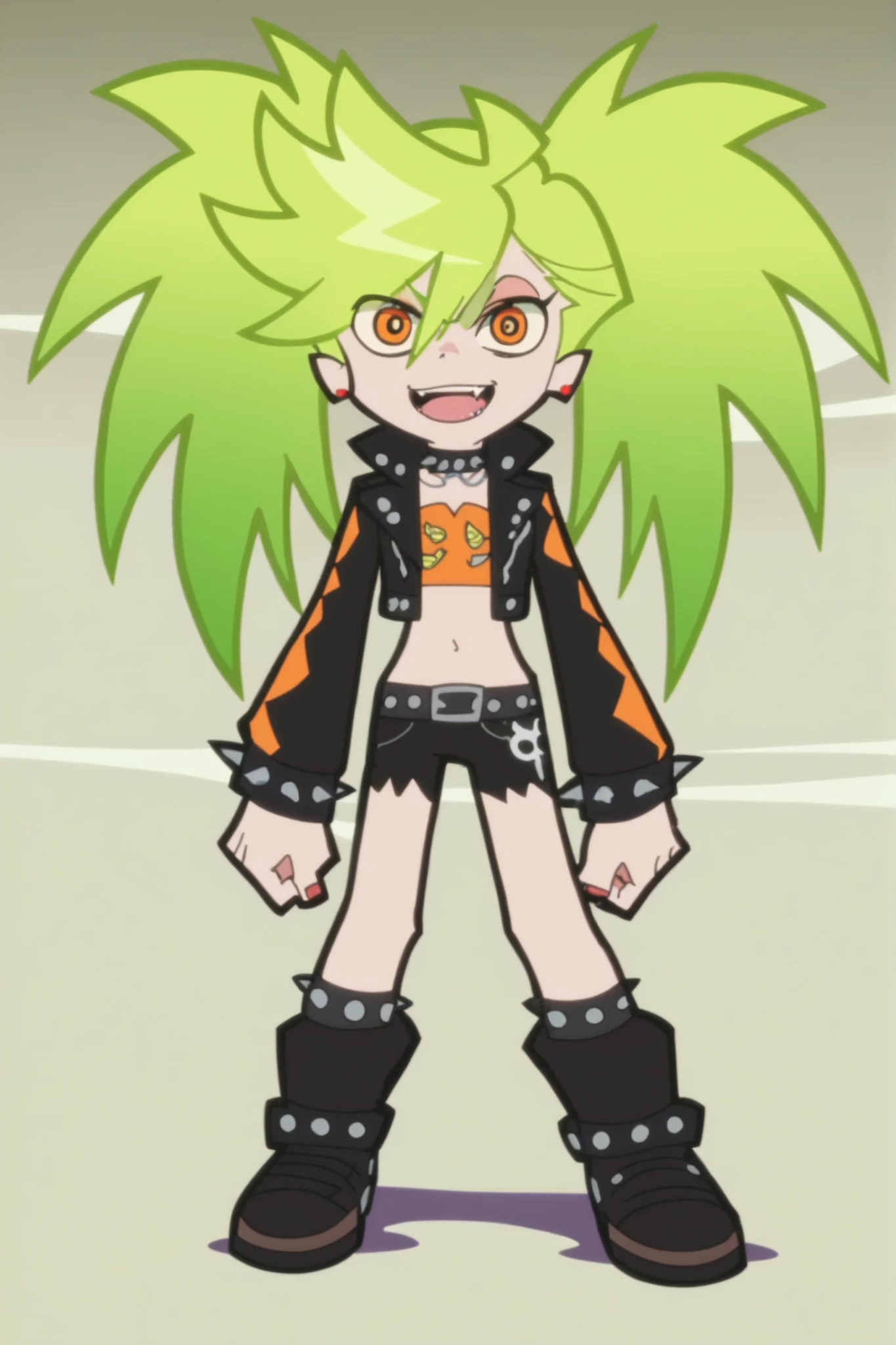 p&s style, screencap, anime, score_10, flat colors, woman, pale skin, orange eyes, green hair, flirty expression, fang tooth, smiling, double ponytails, rocker outfit, front view, full body, dynamic pose
