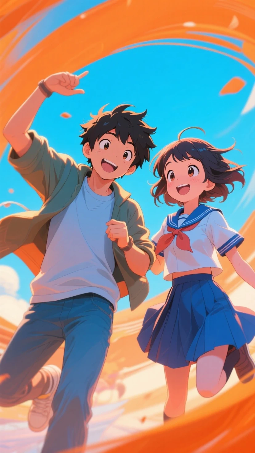 An image of one middle school boy and one middle school girl running home in the rain, playfully throwing their umbrellas into the air. They are both wearing their school uniforms and carrying backpacks. The boy and girl are laughing and enjoying the moment, with their umbrellas soaring through the air as they toss them up. The rain is visible, adding a dynamic element to the scene as water droplets fall around them. The background features a suburban street with wet pavement and houses, creating a lively and carefree atmosphere as the boy and girl have fun in the rain together.　Throwing away umbrellas、Add rain