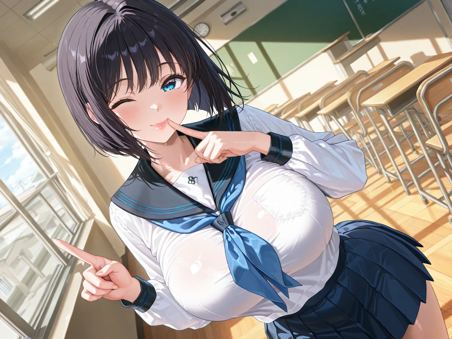 Highest quality , High resolution , Detailed CG , short hair , Sailor suit , Modest chest , Black Hair , thumb、index finger、Middle finger、ring finger、小指のOptimal ratio , Two limbs , Optimal ratio , Embarrassed expression , Burning cheeks , School , classroom , , Her  are visible through her white shirt , touching one's own breasts with one's own hands ,  expression when  is reached , rain