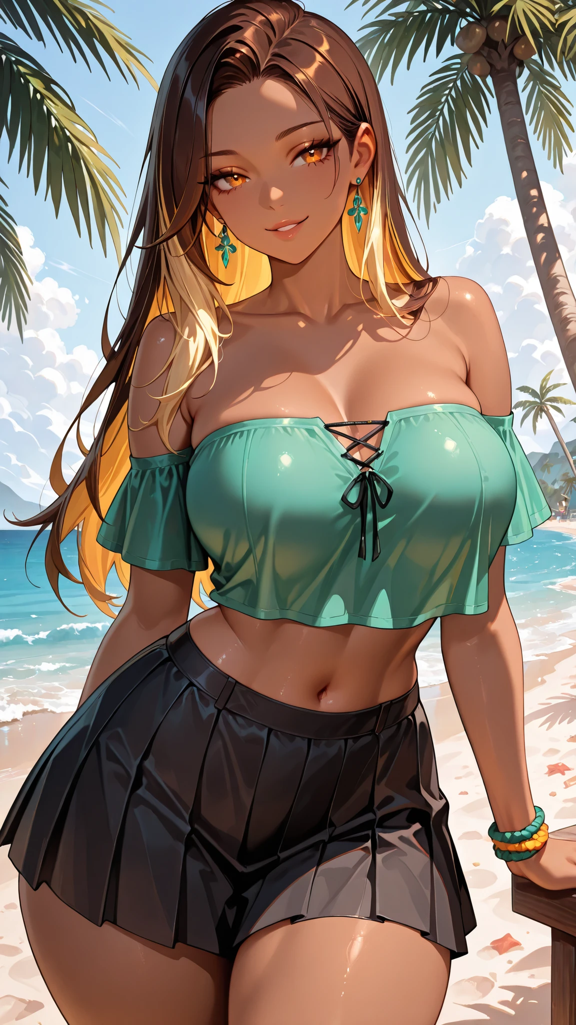 
最high quality, masterpiece, Very detailed, high quality, high resolution, A girl, brown hair, Solo, long hair, two-tone hair (blonde), Amber eyes, brunette, earrings, beautiful, beautiful and perfect face, Smile, seductive smile, naughty, View your audience, dark-skinned female, Big Breasts, navel, Huge Ass, Standing, resort, beach, palm three, wide hips, thick thighs,day, cowboy shot, from the front, sensual pose, sexy, parted lips, green crop blouse, black pleated skirt, fabric bracelet, bare shoulders, strapless 