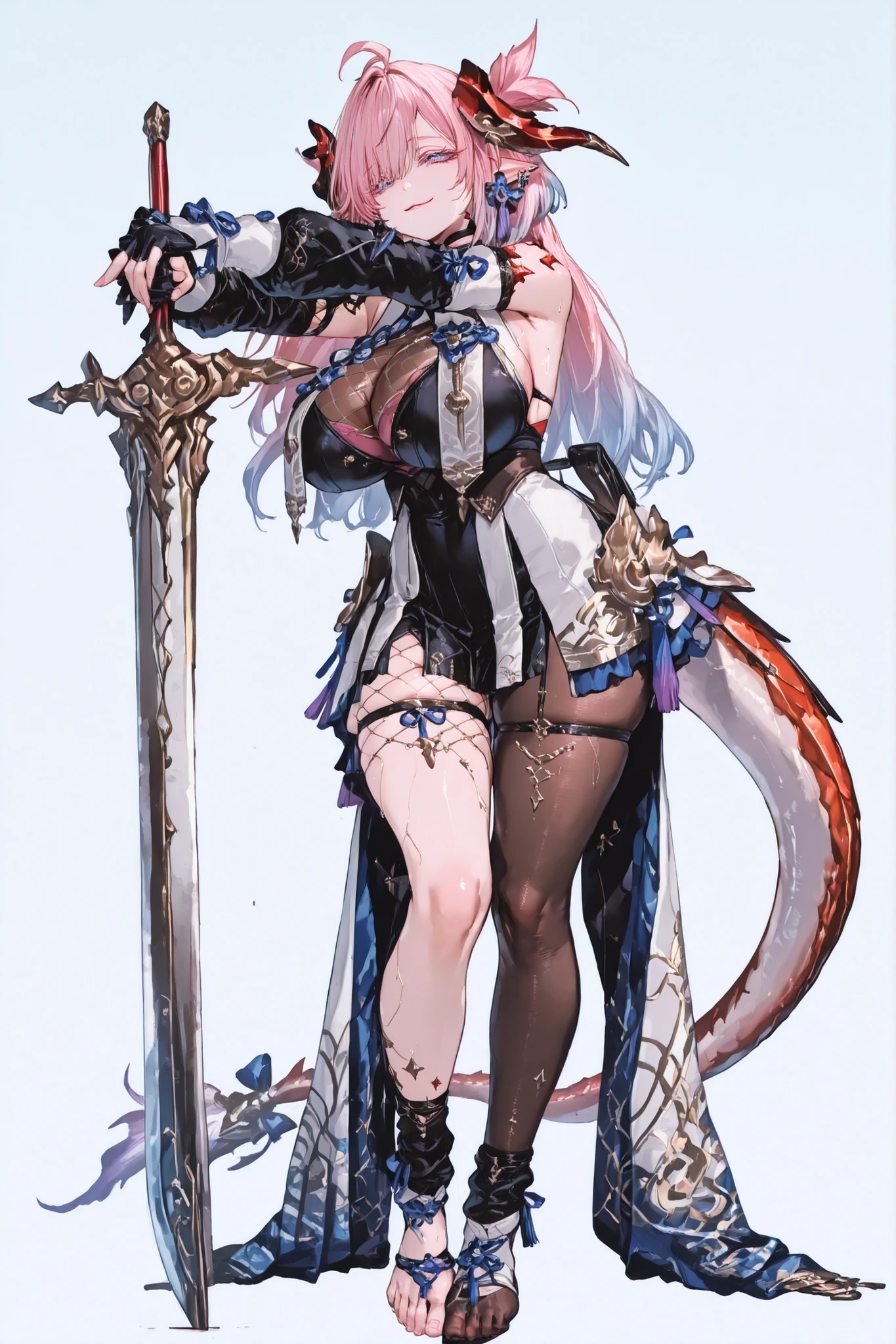   8k wallpaper、    top quality 、masterpiece,   748cm スThailandル   、sexy black bralette dress with fishnet top beneath,   woman 1 person、ribbon、piercings and earrings on her ears,  pointy elf ears, black ripped pelvic curtain dress、 cute black oversized coat with puffy sleaves with open sholders, chains and Accessories on clothes,  dark pantyhose and fishnet、 black knee socks 、rororogi mogera、 style strap 、 Thailand、  pantyhose、、black hair with gray tips and gold  lines、 albino eyelashes   、   long hair falling down her chest、  Underbob  、blue ribbon bow in the head、  Pretty blueish purple Eyes、  wide hips、Protruding thighs   、 pale pinky skin,   very big breasts 、close up,  Light blue background 、open chest area dress,   simple background、lazy smile、 high detail design, standing up、boob window, leaning down towards the camera, making a cute pose with her hands, fullbody, , huge sword on her back, punk style clothes, chest fishnet top, fishnet stocking, big cute eyes, five big octopus tails behind her, black horns, goat eyes, five octopus tails, big hair. heavenly divine dragon girl, huge red dragon horns with gold details, big dragon tail, pink hair with pastel blue end, ver long hair, thick hair, very big breast, green-blue gradient dragon eyes, white dragon sexy revealing outfit with breast curtains, white nylon stockings, white choker, sexy white cheongsam dress with gold details, taliman paper on her , fullbody, head to toe, black dragon scales on her thighs, bare feet, exposed toes