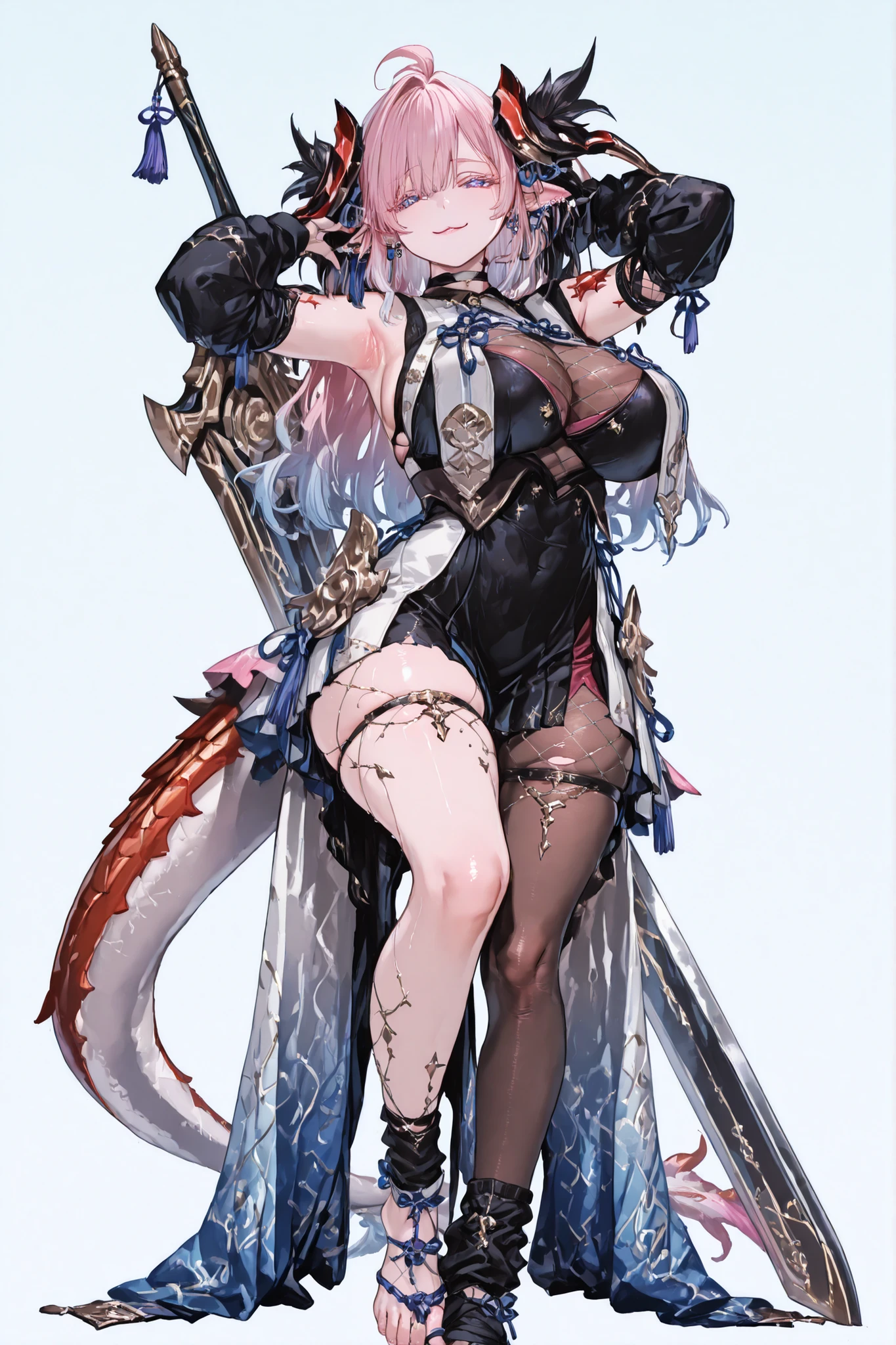   8k wallpaper、    top quality 、masterpiece,   748cm スThailandル   、sexy black bralette dress with fishnet top beneath,   woman 1 person、ribbon、piercings and earrings on her ears,  pointy elf ears, black ripped pelvic curtain dress、 cute black oversized coat with puffy sleaves with open sholders, chains and Accessories on clothes,  dark pantyhose and fishnet、 black knee socks 、rororogi mogera、 style strap 、 Thailand、  pantyhose、、black hair with gray tips and gold  lines、 albino eyelashes   、   long hair falling down her chest、  Underbob  、blue ribbon bow in the head、  Pretty blueish purple Eyes、  wide hips、Protruding thighs   、 pale pinky skin,   very big breasts 、close up,  Light blue background 、open chest area dress,   simple background、lazy smile、 high detail design, standing up、boob window, leaning down towards the camera, making a cute pose with her hands, fullbody, , huge sword on her back, punk style clothes, chest fishnet top, fishnet stocking, big cute eyes, five big octopus tails behind her, black horns, goat eyes, five octopus tails, big hair. heavenly divine dragon girl, huge red dragon horns with gold details, big dragon tail, pink hair with pastel blue end, ver long hair, thick hair, very big breast, green-blue gradient dragon eyes, white dragon sexy revealing outfit with breast curtains, white nylon stockings, white choker, sexy white cheongsam dress with gold details, taliman paper on her , fullbody, head to toe, black dragon scales on her thighs, bare feet, exposed toes