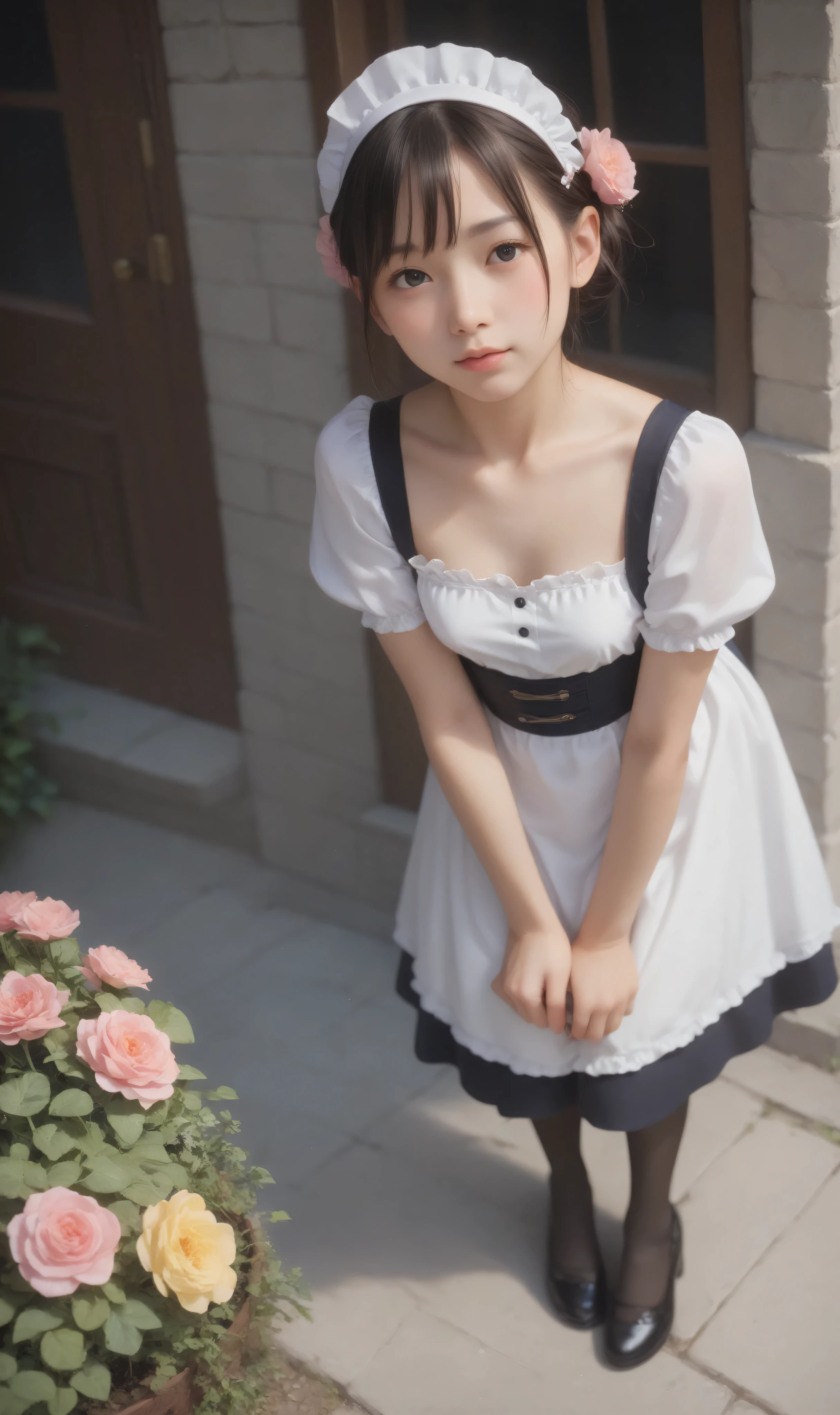 1 girl、maids,watch viewers,(skinny:0.68),(younger:1.12),from above,slouching forward,(big boobs:-0.03),is watering flowers outside the mansion,japanese,(Smile Yang:0.06),black lace stockings
