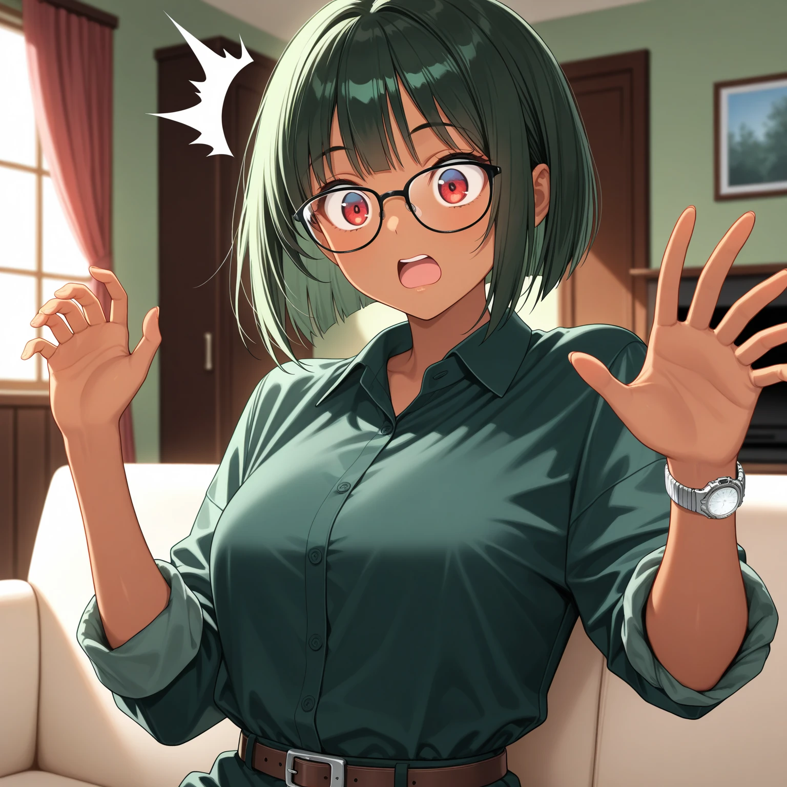 2d, masterpiece, highest quality, anime, highly detailed face, highly detailed eyes, highly detailed background, perfect lighting, whole body, 1 girl, alone, Harusaki Nodoka, collared shirt, Green sweater, black skirt, pantyhose, ID card, embarrassing, smile, Are standing, office 1 girl, 独奏, High resolution, Open your mouth a little, masterpiece, High resolution, Anatomically correct, accurate, Ultra high definition, Textured skin, Very detailed, retina, High-resolution model, High detail, Large , Open your mouth a little, , Show your , saliva, Drooling, Heavy breathing, Roll your eyes,  your lips, , saliva stringiness, Red lips, (steam,sweat,Vulgarity、:1.5)