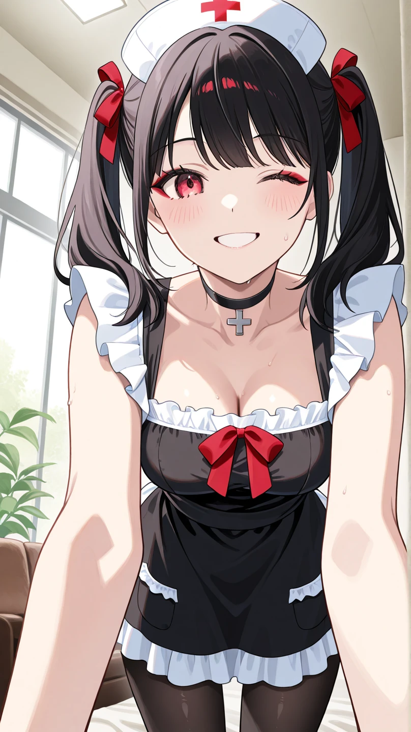 {Girl with shoulder-length black hair named Rico}, maid costume,,tall,'', (It feels like saying Hello, daytime hours), indoor,{going out style}, ((Heart-shaped choker) ), (bedroom), Bright background, Mole under the eye, Heart-shaped choker, ((Masterpiece)), Highly detailed CG Unity 8k wallpaper), Top quality, two girl, Detailed background, beautifully detailed eyes, heart shaped pupils,hollow eyes, looking at viewer,(very delicate and beautiful)), ((beautiful) eyes (detailed description),extra large breasts,lace underware,floating heart,brainwashed,sadistic smile