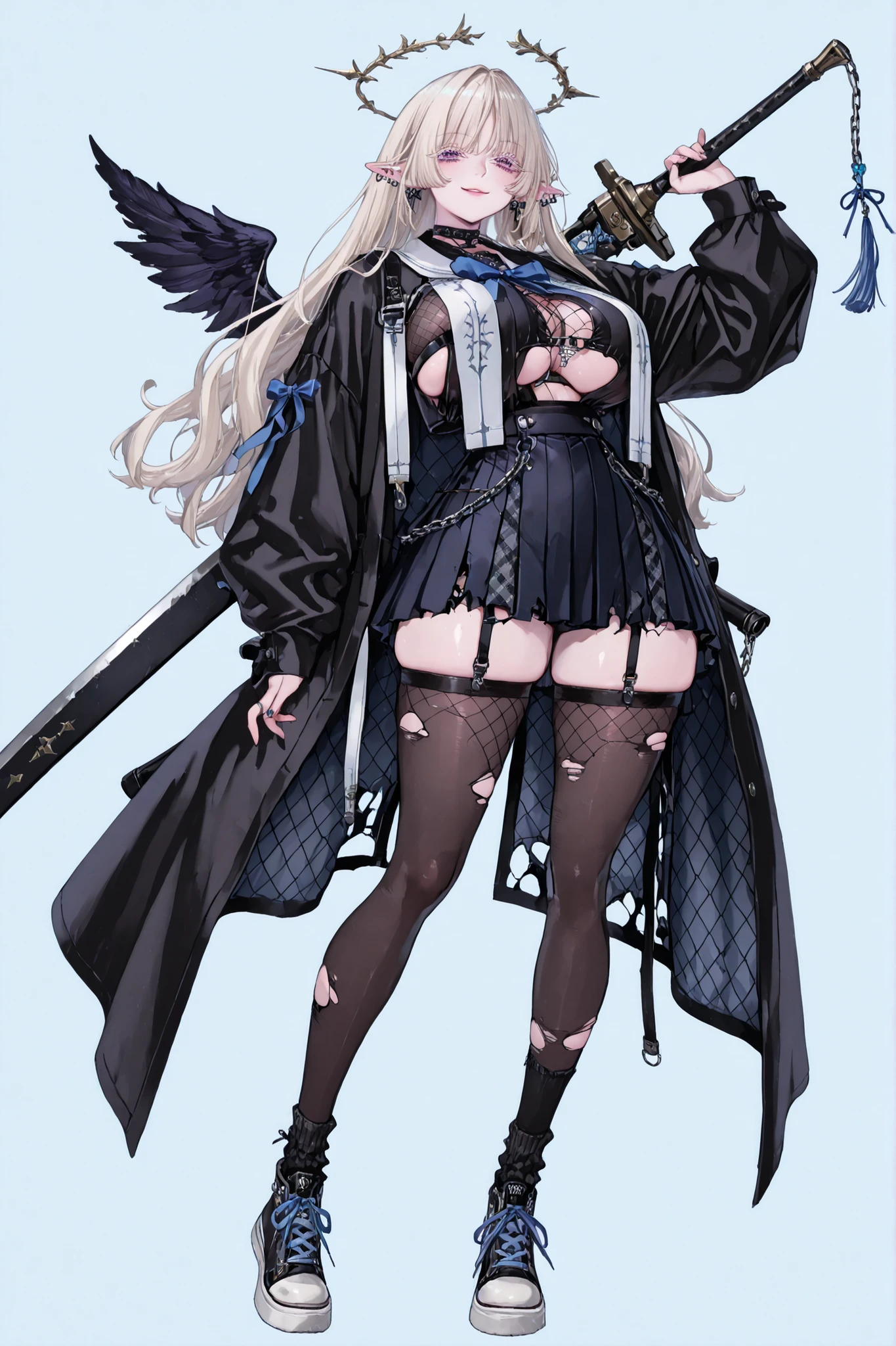 8k wallpaper、 top quality 、masterpiece, 748cm スThailandル 、 black school uniform top, boob curtain top, woman 1 person、ribbon、piercings and earrings on her ears, pointy elf ears, black ripped school skirt、 cute black oversized coat with puffy sleaves with open sholders, chains and Accessories on clothes, dark pantyhose and fishnet、 black knee socks 、rororogi mogera、 style strap 、 Thailand、 pantyhose、、pastel blond hair with pink lines、blond albino eyelashes 、 long hair falling down her 、 Underbob 、blue ribbon bow in the head、 Pretty pastel purple Eyes、 wide hips、Protruding thighs 、 pale pinky skin, very 、close up, Light blue background 、open area dress, simple background、lazy smile、 high detail design, standing up、boob window, leaning down towards the camera, making a cute pose with her hands, fullbody, , huge sword on her back, punk style clothes, fishnet top, fishnet stocking, big cute black sport plataform sneakers, street's style, gun , wings behind her ears, curvy, thin waist, long legs