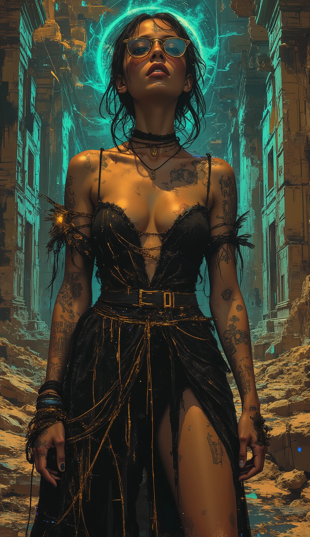 In the style of Neon glitch mosaic surrealism, we see a photo-realistic bizarre portrait of a beautiful, and Charismatic caucasian half black lady of mixed heritage bearing a large gap toothed infectious smile between dimpled cheeks, graceful yet an outcast, radiating an eldritch aura and mysterious supernatural power. Her deep light golden-brown caramel skin glows with lifelike detail. She stands in a wild avant garde black and gold dress with a skirt that ends at her thighs thats very low cut and nuanced, in a theatrical pose, eyeglasses of superb make that are in a golden and black frame, large round expressive dark eyes, gap-toothed beguiling smile, exuding otherworldly energy. Her form: petite upper body, medium 32C natural breasts, powerful larger arms, trim waist, dramatically wide hips, large round ass, robust long legs. Tattooed script of loved ones on arms and chest; unfinished bowtie tattoos on thick thighs. Around her, swirling tendrils of shadow and iridescent light evoke an ancient cosmic power, casting ethereal light and mysterious symbols. In the somber, moody background, crumbling ancient wonders and modern facades meld in cool tones, surreal textures, gothic opulence and bold dramatic lighting. Intricate, high-fashion details inspired by McQueen, Mugler, and Gaultier. She is enveloped in a haunting, melancholic glamour—chosen, enchanting, blending history, futurism, and eldritch magic in a cinematic ArtStation illustration.