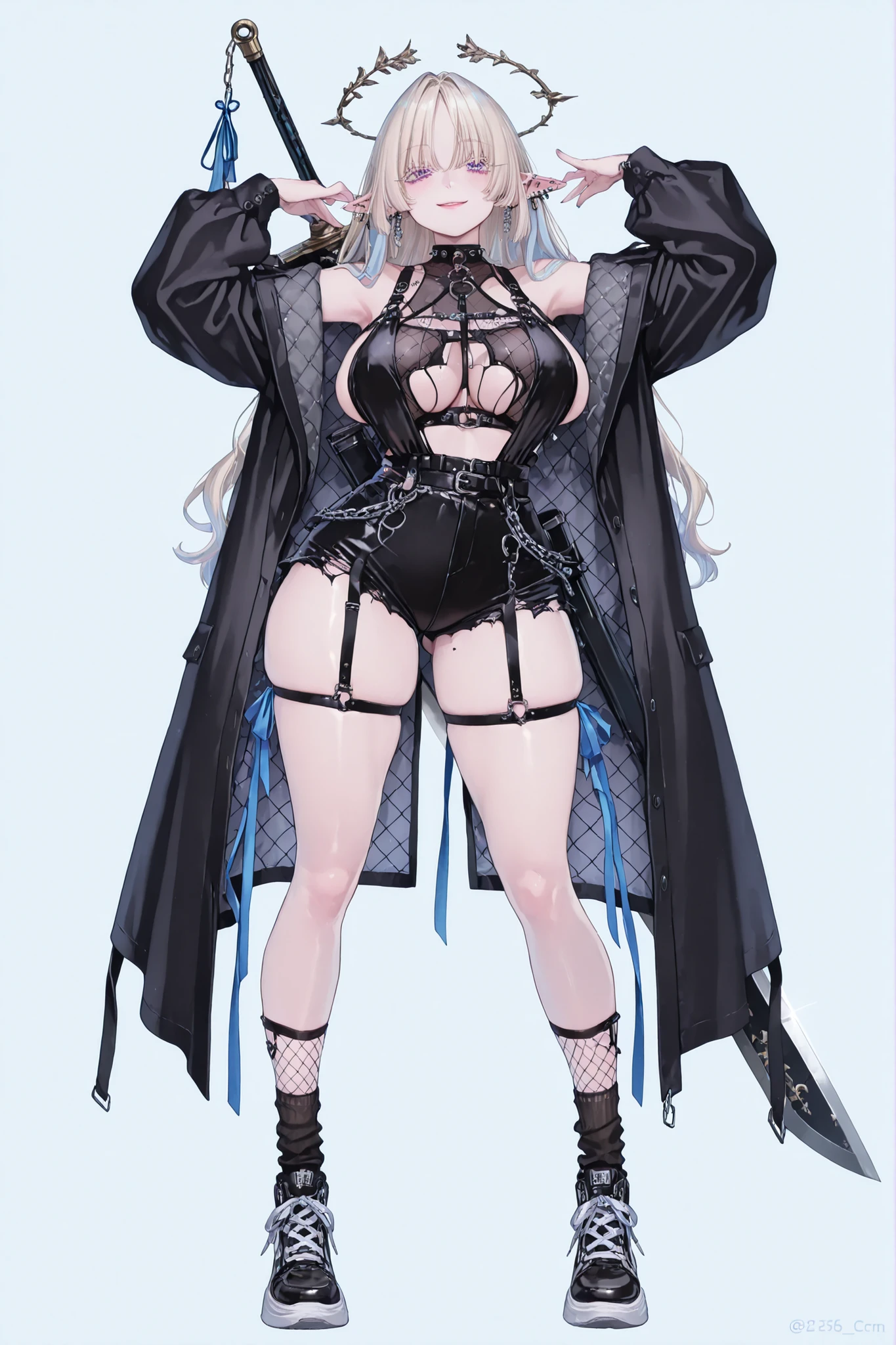   8k wallpaper、    top quality 、masterpiece,   748cm スThailandル   、sexy bikini black bralette with fishnet top beneath,   woman 1 person、ribbon、piercings and earrings on her ears,  pointy elf ears, black ripped punk shorts、 cute black oversized coat with puffy sleaves with open sholders, chains and Accessories on clothes,  dark pantyhose and fishnet、 black knee socks 、rororogi mogera、 style strap 、 Thailand、  pantyhose、、pastel blond hair with pink lines、blond albino eyelashes   、   long hair falling down her chest、  Underbob  、blue ribbon bow in the head、  Pretty pastel purple Eyes、  wide hips、Protruding thighs   、 pale pinky skin,   very big breasts 、close up,  Light blue background 、open chest area dress,   simple background、lazy smile、 high detail design, standing up、boob window, leaning down towards the camera, making a cute pose with her hands, fullbody, , huge sword on her back, punk style clothes, chest fishnet top, fishnet stocking, big cute black sport plataform sneakers, street's style, gun sheath, wings behind her ears.