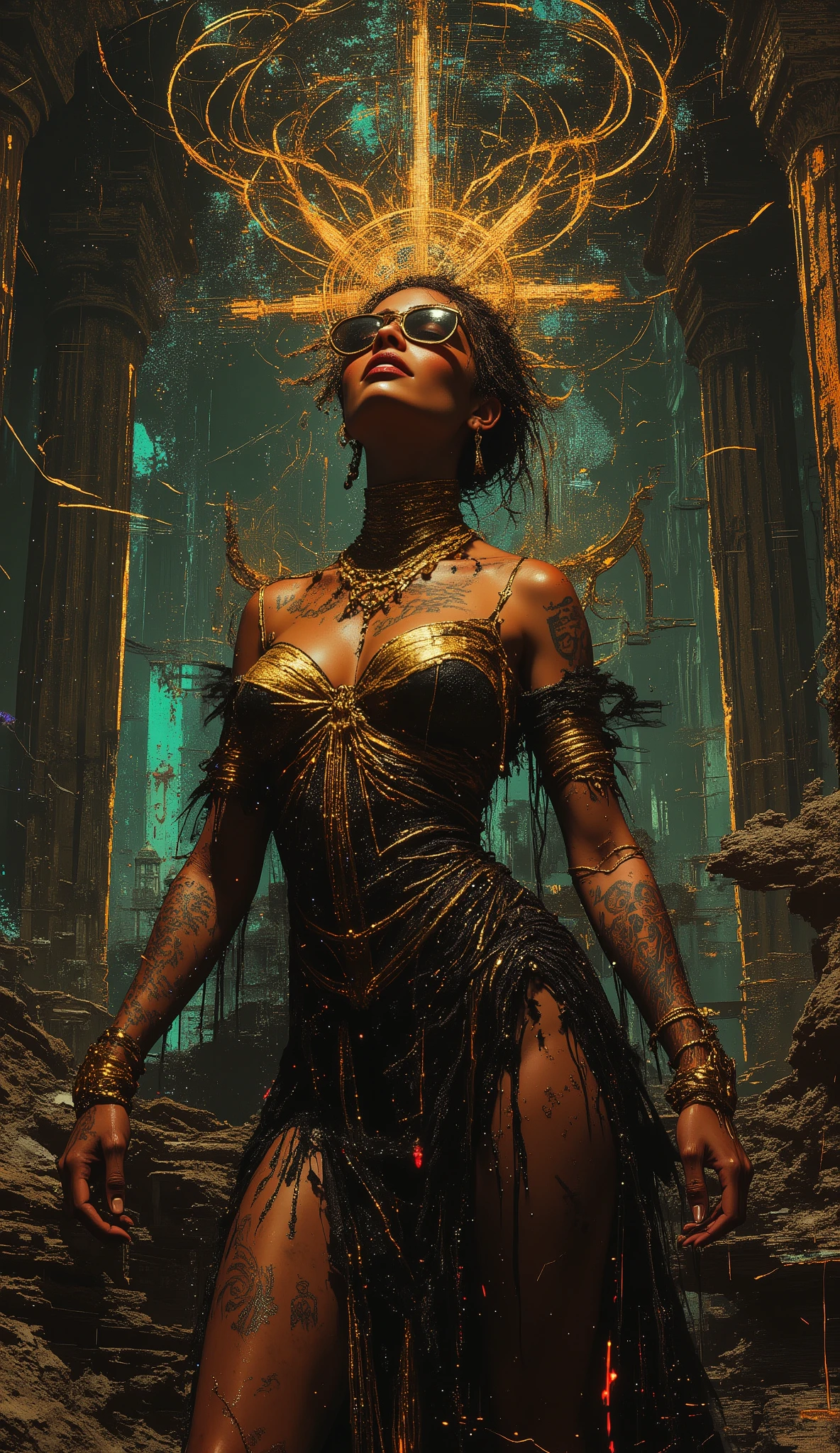 In the style of Neon glitch mosaic surrealism, we see a photo-realistic bizarre portrait of a beautiful, and Charismatic caucasian half black lady of mixed heritage bearing a large gap toothed infectious smile between dimpled cheeks, graceful yet an outcast, radiating an eldritch aura and mysterious supernatural power. Her deep light golden-brown caramel skin glows with lifelike detail. She stands in a wild avant garde black and gold dress with a skirt that ends at her thighs thats very low cut and nuanced, in a theatrical pose, eyeglasses of superb make that are in a golden and black frame, large round expressive dark eyes, gap-toothed beguiling smile, exuding otherworldly energy. Her form: petite upper body, medium 32C natural breasts, powerful larger arms, trim waist, dramatically wide hips, large round ass, robust long legs. Tattooed script of loved ones on arms and chest; unfinished bowtie tattoos on thick thighs. Around her, swirling tendrils of shadow and iridescent light evoke an ancient cosmic power, casting ethereal light and mysterious symbols. In the somber, moody background, crumbling ancient wonders and modern facades meld in cool tones, surreal textures, gothic opulence and bold dramatic lighting. Intricate, high-fashion details inspired by McQueen, Mugler, and Gaultier. She is enveloped in a haunting, melancholic glamour—chosen, enchanting, blending history, futurism, and eldritch magic in a cinematic ArtStation illustration.