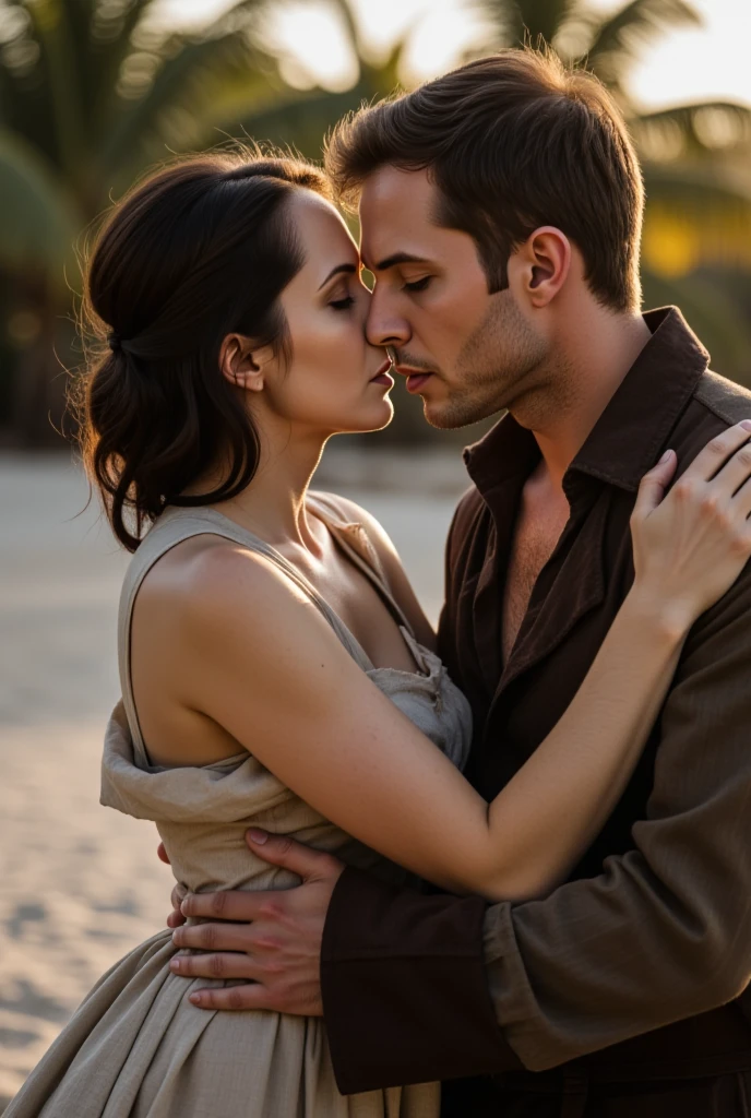 The man in his 45s with black very short hair and smooth face with moustache. The woman in her 45s with brown wavy long hair. The man is wearing an unbuttoned white shirt and black trousers. The woman is wearing a black low-cut evening dress. Seaside, beach, sandy beach. Night. Small ring of fire. The woman is lying on the beach. The man lay on top of the woman. They have . Romantic. Passionate. Side view. UHD. HDR. Cinematic.