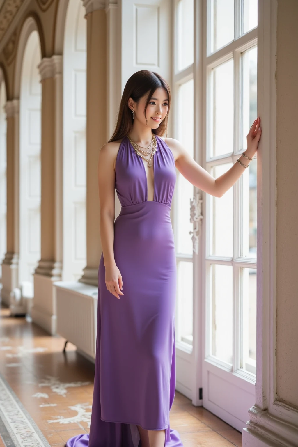 (Ultra-realistic), (An illustration), (high resolution), (8K), (very detailled), (最高のAn illustration),(photoshot, best quality), (真实感, photoshotrrealista:1.4), Masterpiece artwork, Very delicate and beautiful, extremely detaild, 2k wallpaper, incredible, fine-details, very detailledなCGユニティ8kの壁紙, super verbose, high resolution, beautiful detailed girl, very detailledな目と顔, Beautiful detailed nose, beautiful detailed eyes,cinematic lighting,Perfect Anatomia,Perfect promotion,(a shy smile, beautiful  face),  ((perfect legs, perfect legs, perfect hands, perfect hands指, perfect arms,  a shy smile, The mouth is perfect)), looking directly at the camera, Ear fringes and fringes、necklase、 (((beautiful japanese girl)))、  ((((((Uma beautiful japanese girl de 27))))))、(((Huge G ))),  (((Bursting with !!!!))), (((attractive !!!!!!!))), (((huge ))),  (((Full body writing))),  (((seductively pose))), ((somente photoshot)),  ((Bblack hair)), (((slenderbody))), (((Wearing a purple dress with a low neckline, white sandal ))),  ((((beautiful smiling)))), standing, standing.