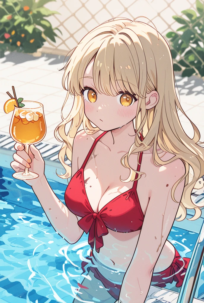 score_9, score_8_up, score_7_up, source_anime, Urumi Kanzaki, heterochromia, blue eye, brown eye, blonde hair, long, hair,yellow , <lora:Urumi_Kanzaki_SDXL:1>, evil grin, holding cup,<lora:holding_cup_toasting_xlpony:0.7>, full body, front view, background beach, masterpiece, 4k, best quality