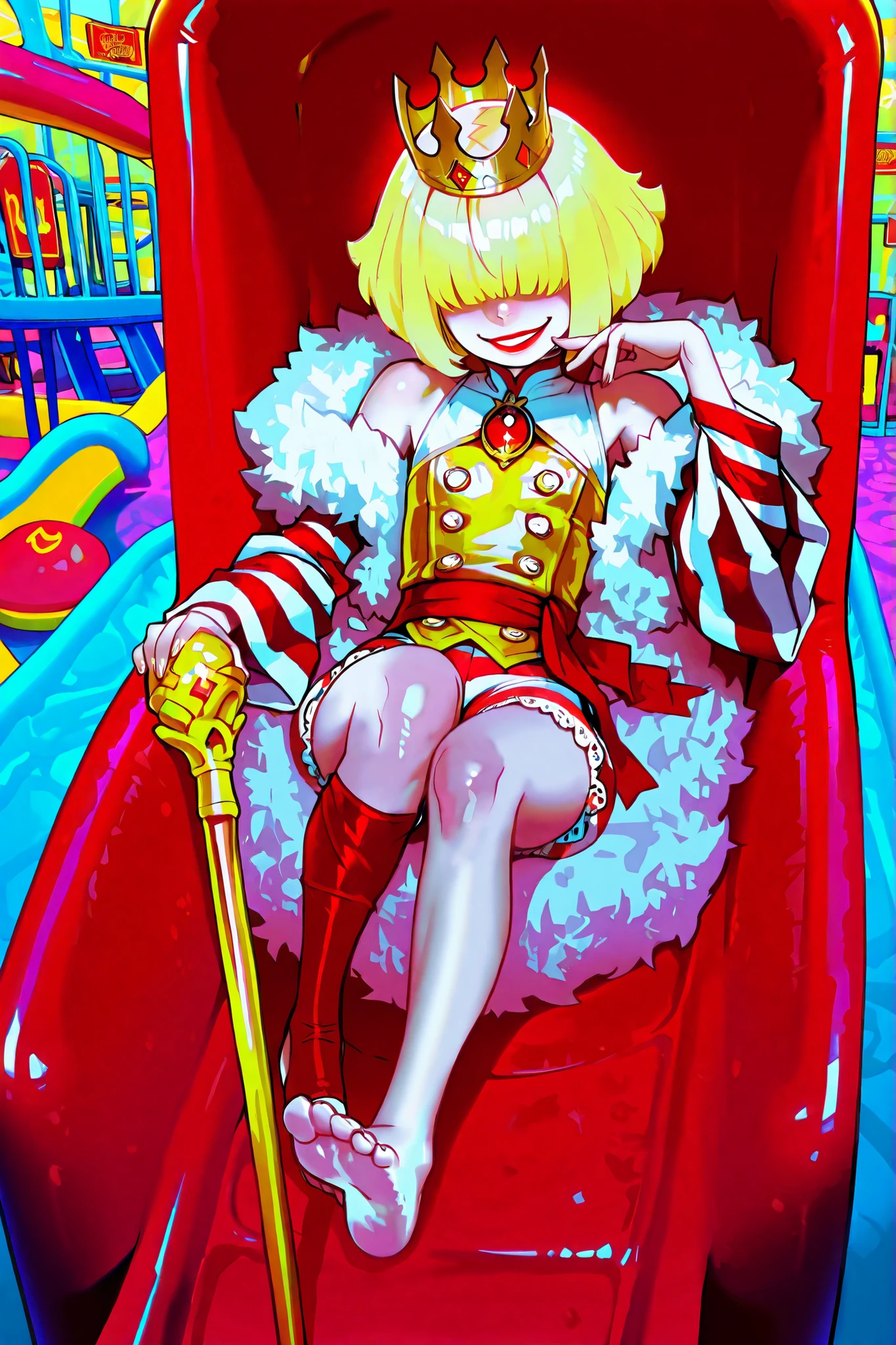 a young prince sitting in a colorful plastic throne, arrogant pose, ((indoor playground, fast food restaurant playplace)), masterpiece, high_quality, best_quality, highres, absurdres, 8k, 1boy, male, youthful, French, peach skin, mid-length blonde hair, straight yet fluffy haircut that resembles a friar's tonsure, bangs over eyes, no eyes visible, a red gold and white ouji style outfit, gold vest, white blouse, double-breasted coat with red and white striped sleeves, long-tailed coat, lace trim, red and white striped bloomer shorts, gold ribbons, regal brooch, red sash, stirrup leggings, barefoot, small regal crown, golden scepter, detailed skin, highly textured skin, (petite, skinny, narrow shoulders, flat chest), mischievous grin, red lipstick, plastic slide, saturated warmth, art by as109, Faustsketcher, Andava