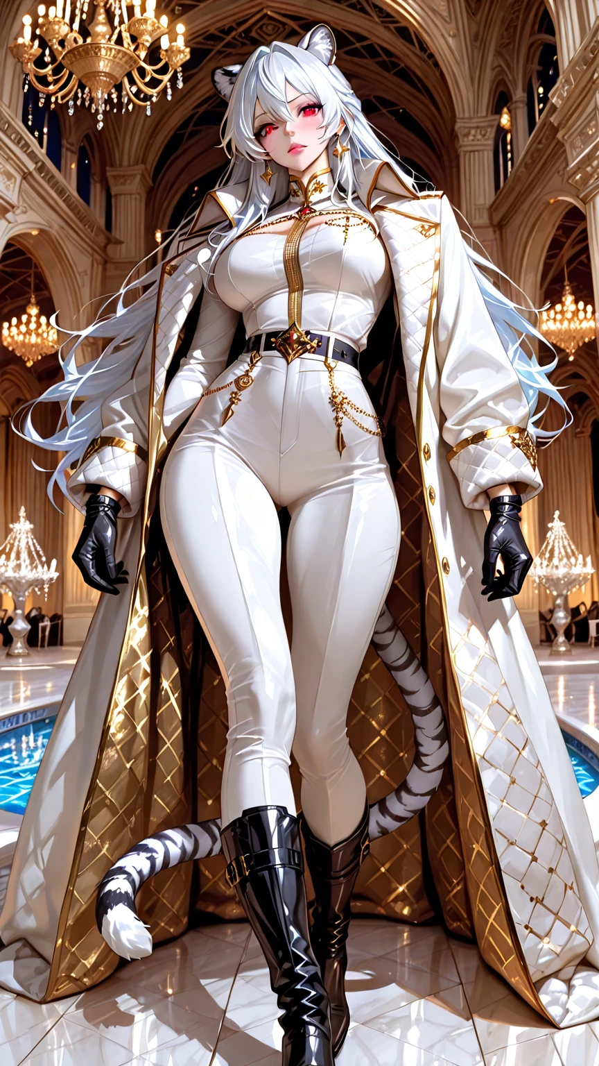  a tall woman having 1,75 tall but with a chiseled abdomen and ????????????? with strong muscular arms with long curly snow white hair tied in a braid below the waist with bright golden eyes. Wearing a white suit with ??????????? pants and small gold boots with white high heels and white gloves with a top below the suit. In the style of the Record of Ragnarok Manga 