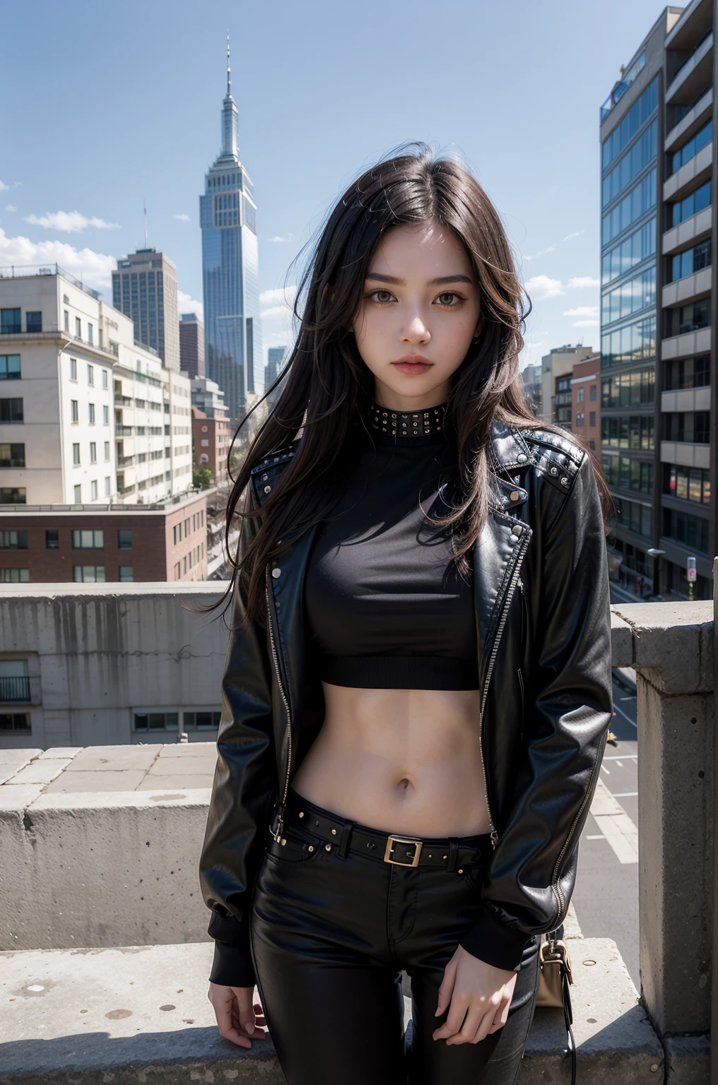 30-year-old woman,Black Hair,Asian,Korean style long hair,Headband,Long Bangs,Blue Eyes,Dark Skin,leather jacket,Selfie