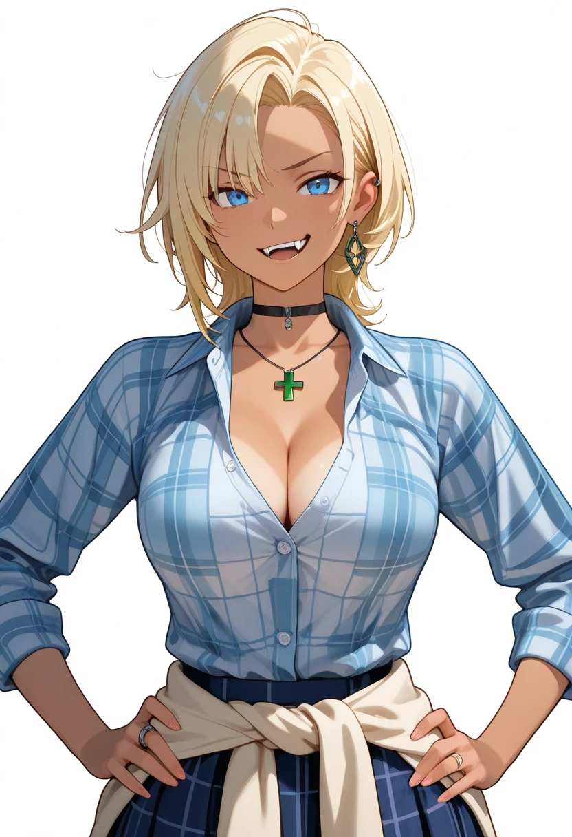 (Tacto fino extremadamente detallado:1.2), (Luz natural, Luz solar, rayos de luz, Sombras, Trazado de rayos:1.2), Obra maestra, La mejor calidad, Alta calidad , dark skin , RnkHnj-KJ , Camisa atada , Camisa recortada , falda verde , falda plisada , cabello multicolor , pelo corto , pendiente individual , cinta , al aire libre , escote , labios , escote , Mirando al espectador, master piece, perfect face, perfect eyes, lips, makeup, short hair, smile, blush