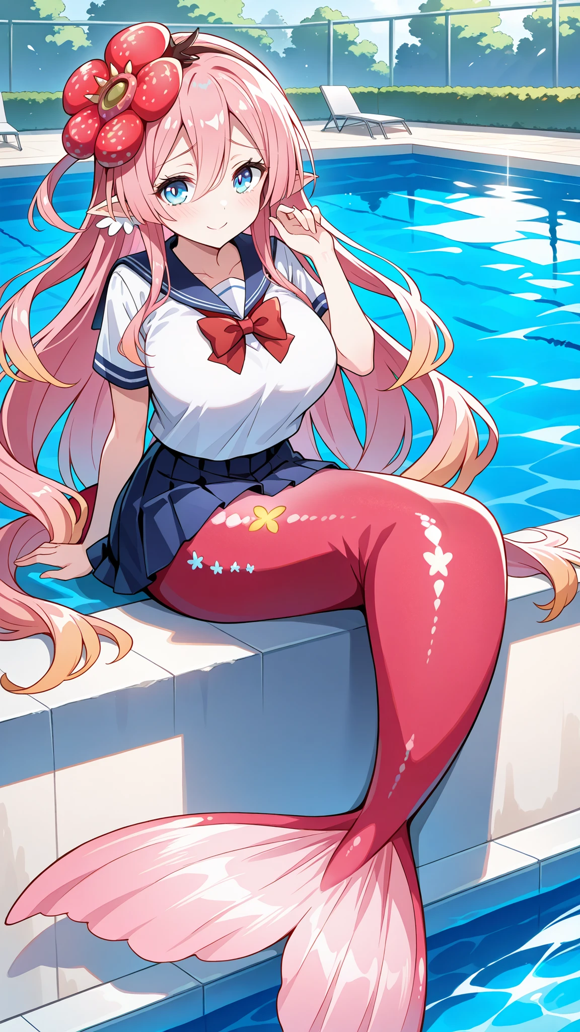 (Fraction_9:0.9),Fraction_8_Up,Fraction_7_Up,grade,(zPDXL3),( masterpiece), (Best Quality ),(All five fingers ),A Girl,alone,Traptrix Rafflesia,PINK HAIR,Liu Hai on the left,long hair,blue eyes,school uniforms,skirt,big boobs,mermaid,The lower half of the body is a pink mermaid tail,Very beautiful,Smile,shy,outdoor,swimming pool,sitting by the pool,There is water on the body,full body photo, No Legs