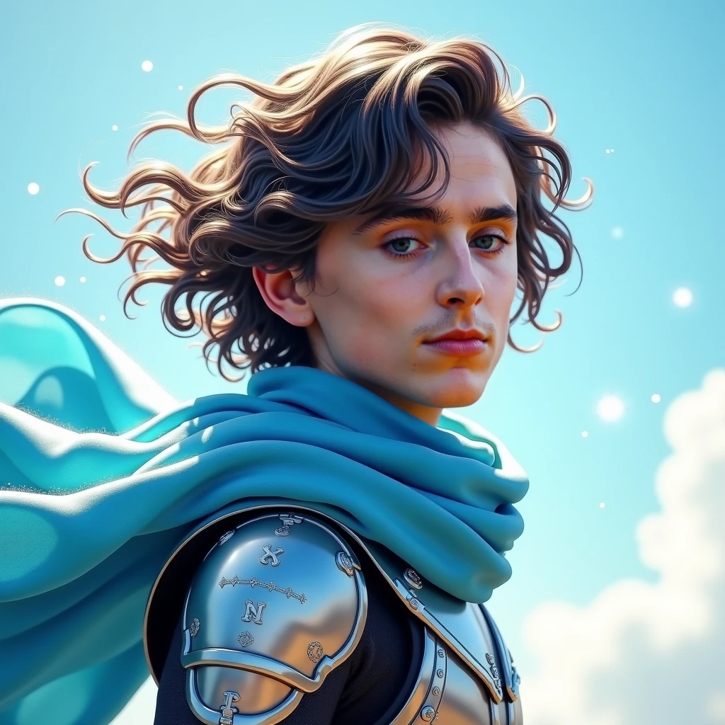 Timothée Chalamet as Sawyer, hyper-real fantasy with a playful and adventurous energy. Lean frame, wind-swept curls, expressive eyes. His sky-blue rider scarf flows around him as if enchanted by the wind. Armor pieces are agile and lightweight, etched with aerodynamic runes that glow pale silver. Sparkling air currents swirl around him, carrying shimmering particles. Bright sky magic illuminates him from above, producing vivid highlights and crisp shadows. High-resolution detailed portrait with an airy, dynamic heroic tone.”