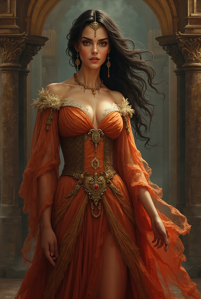 Eastern Elf, voluptuous body, clear eyes, Arcane gold dress, amuleto, brincos, botas