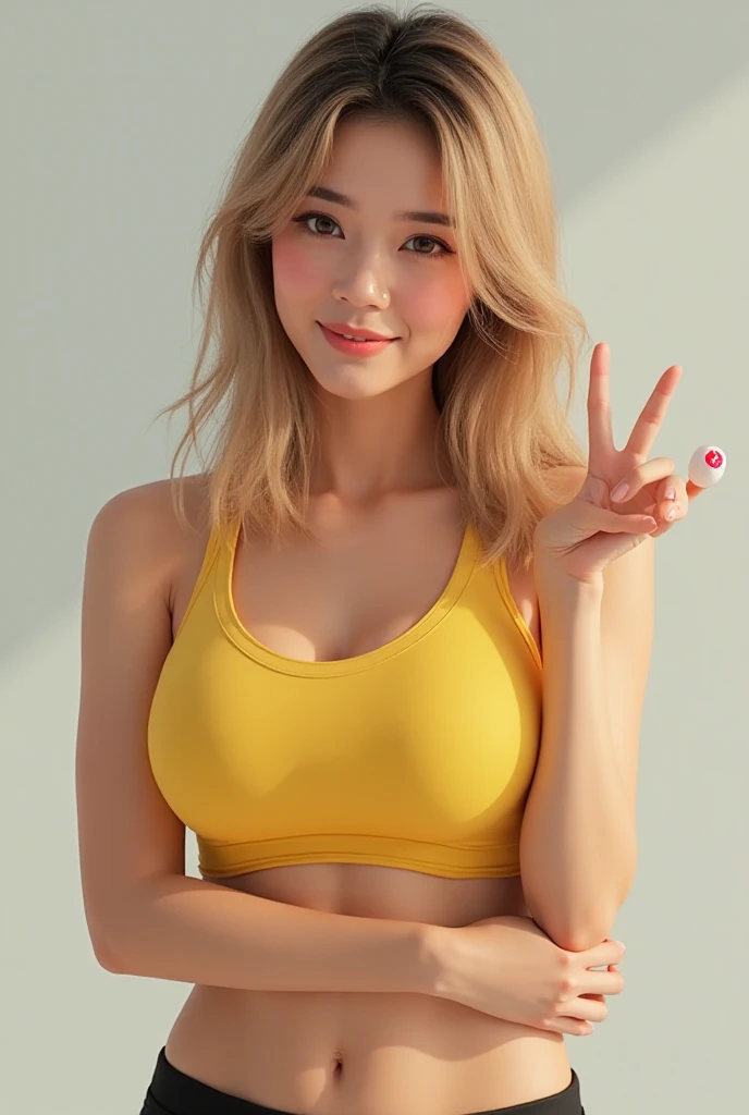 ((Highest quality, 8K, masterpiece :1.3)), Sharp focus :1.2, Beautiful woman with perfect figure :1.4, Slim Abs :1.2, ((Big Breasts, Emphasize cleavage:1.3)), (Photorealistic:1.4), (realistic:1.4), Highly detailed face and skin texture, Fine grain, double eyelid. Makeup face. A little bit of lipstick, necklace, Earrings,  appeal, Sexy gravure pose, ((A beautiful blonde woman in a yellow top and cut-off jeans、Smiling and posing sexy at a summer food festival。:1.3)