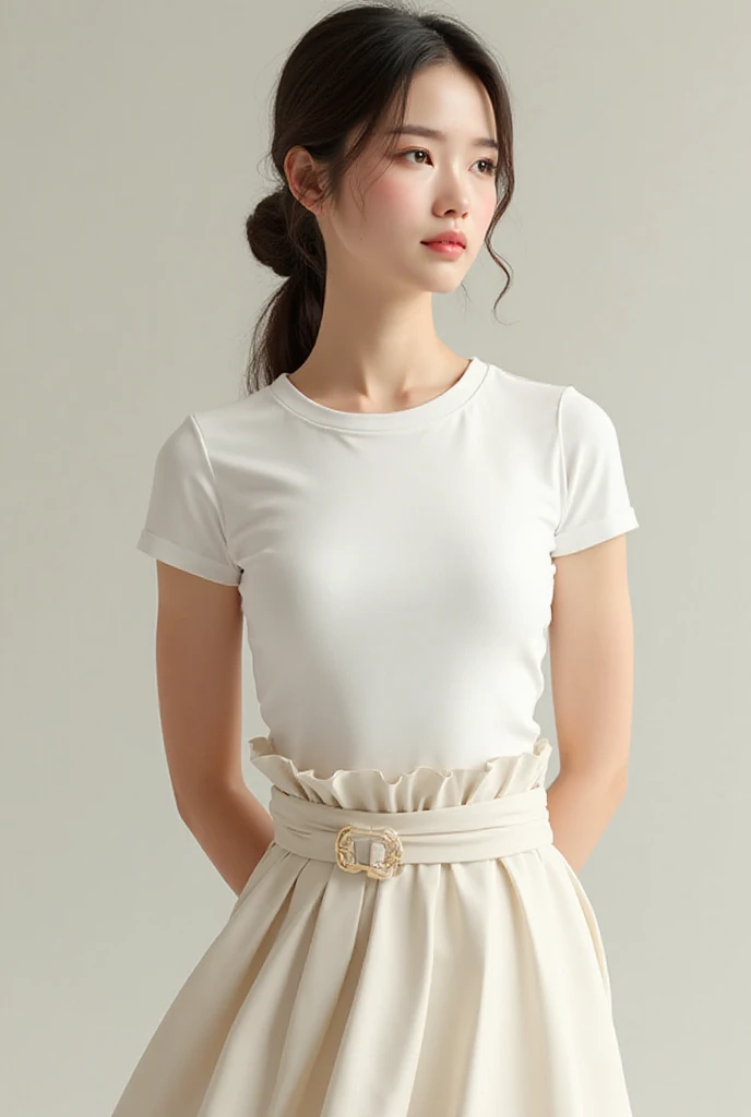 high resolution、Transparency、Woman in white t-shirt、Brown Hair、Curly Hair、Walking alone in the park in a white flared skirt、The mouth is smiling