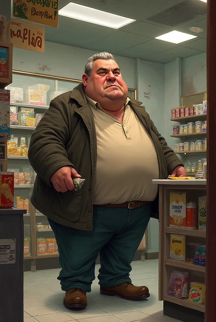 illustrate, (Flintstones, The Dude (big lebowski), inherent vice, style reference), hazy fever dream, inside convenience store past midnight, beyond place and time, visual jazz, (fred Flintstone, with black hair, thick eyebrows, a large nose, and tan beard stubble. He wears a deep sky blue or aqua teal-green necktie, an orange and black-spotted loincloth, and has a large belly, portraying the Dude from Big Lebowski), shopping in the aisles of a convenience store, food shelves, fish eye lens, panoramic view, hyper realism, too real, intense, hyper maximal, strange, cel shading, rich color grading, broad spectrum of ROYGBIV, deep warm hazy hues, hand drawn with realism, rotoscope, cinematic, framing and composition,