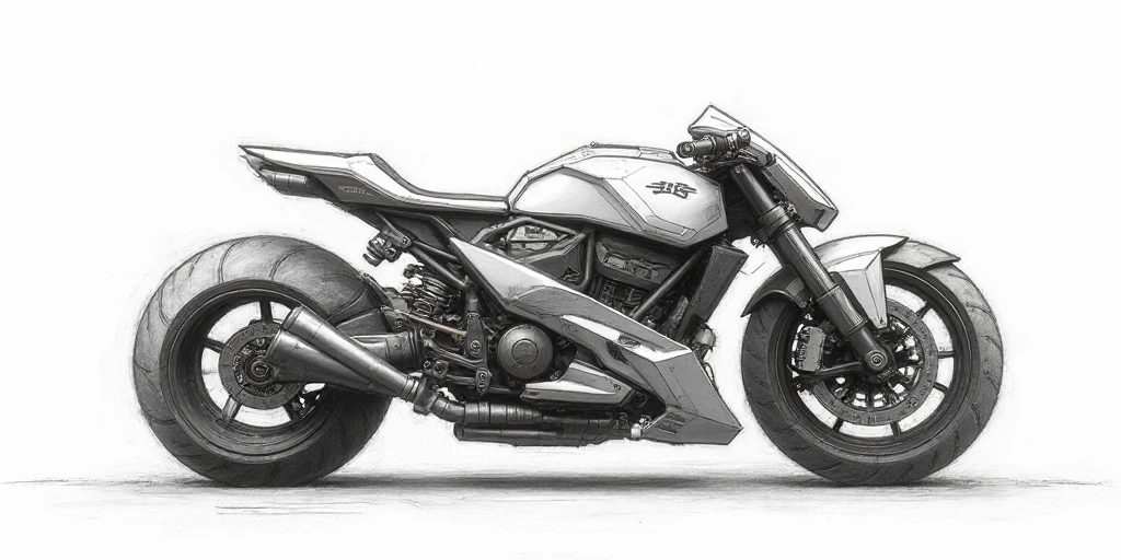 Design for tattoo on the forearm of a custom motorcycle being ridden by a man wearing a closed black helmet. black and white drawing