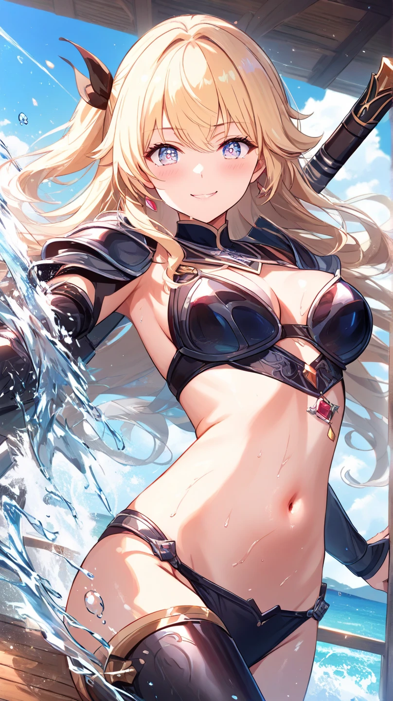 Very detailed、highest quality、Best image quality、masterpiece、8k、Anime Face、A kind smile、Open your mouth、Sparkling blue eyes、(Blonde wavy hair:1.5)、、Muscles of the whole body、camisole、Thigh belt、mini skirt、(Wearing black ?????? armor:1.5)、(Cowboy Shot:1.5)、(Leg armor:1.5)、Armor