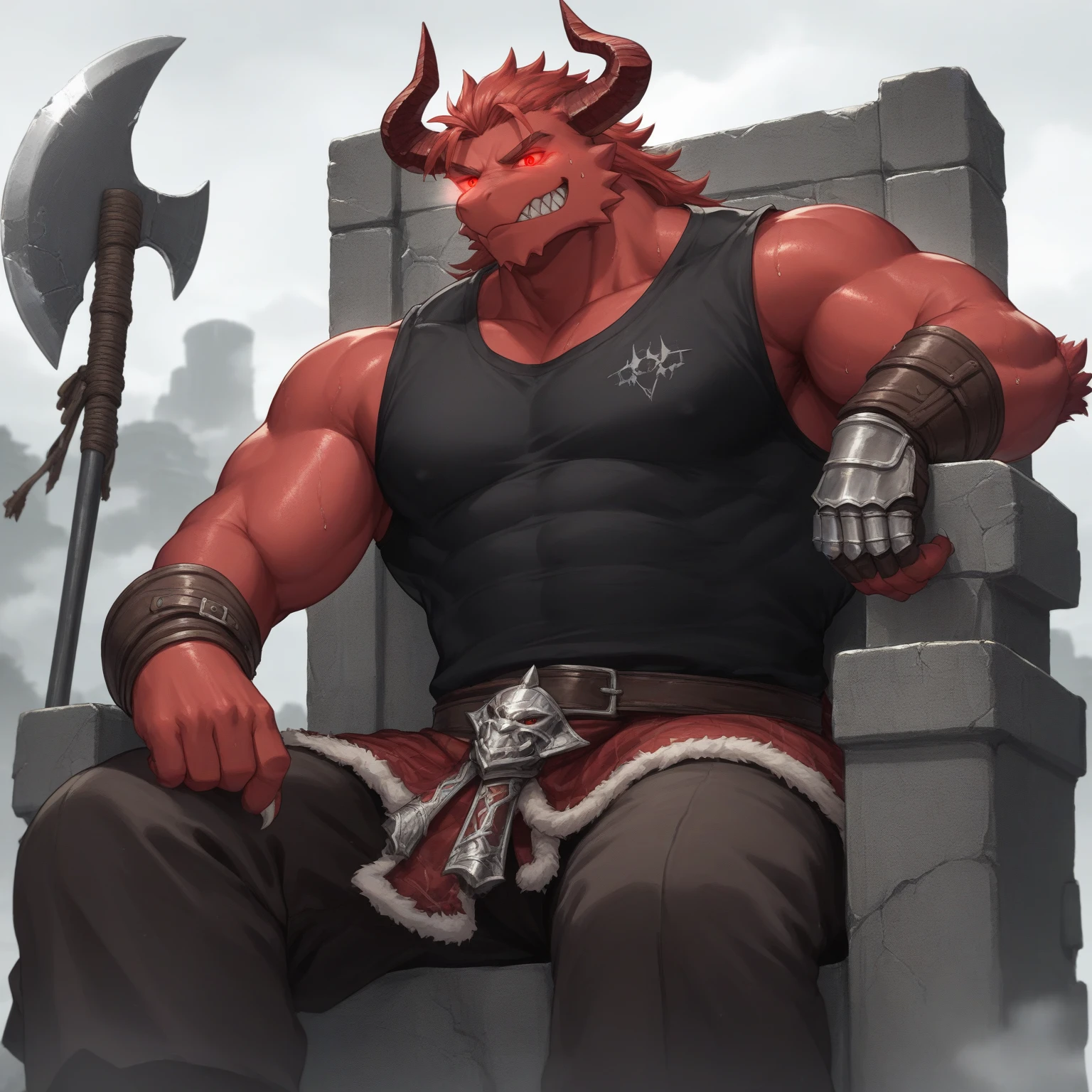 ((Um no, Pumped male demon with hairy dragon appearance and yellow eyes dawns with the (red skinned) e um corpo humanóide com feições feias que mostra sua força Intimidating Enforcera cheia de luxúria e malícia mostrando sua língua preta e dentes afiados babando se masturbando sentado com as coxas abertas olhando de um jeito que parece desafiador, Intimidating Enforcer, shameless, luxurious and , (part of  heresion, head appearing and becoming thick and hard so that your  demonstrate satisfaction and relief with greater, bottom )), (there is another pumped humanoid demon, but he has white skin, Beyond the mouth,  between the groin,  the heresy on the , gay , looking satisfied, gaping mouth, gasping, tongue out) they covered his  with their mouth