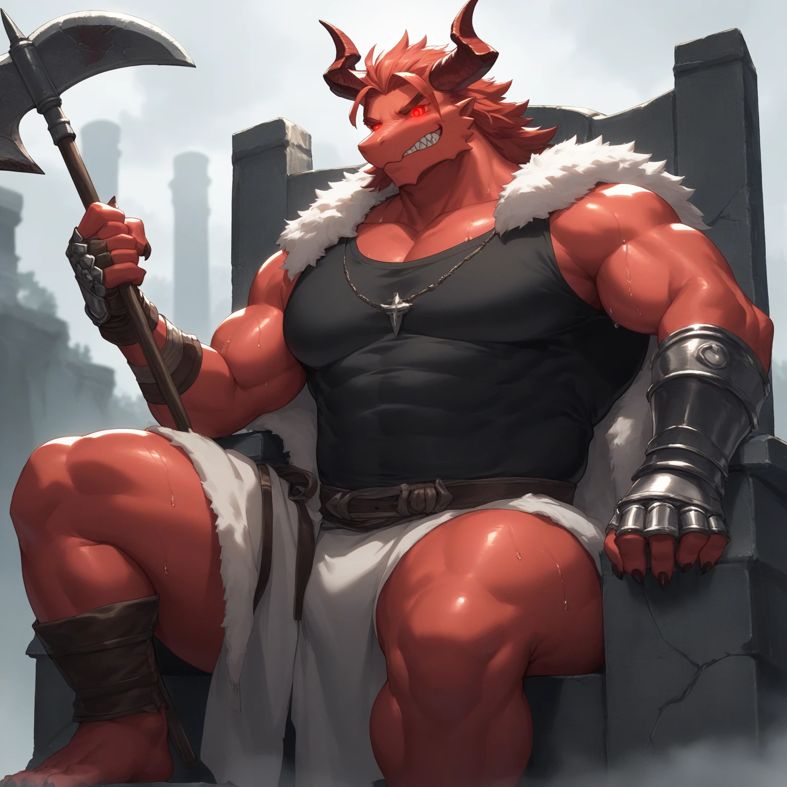 solo, breath (ultra detailed), a beautiful and detailed full size portrait of a male anthro batzz, demon lord dragon batzz, dragon tail, green eyes, glowing eyes, black body, black skin, long hair, red hair, horns, scar, tail, bedroom eyes, detailed eyes, big body,  body, (wide body). goddess, kenket, Ross Tran,ruan jia, trending on artstation,foxovh, cenematic lighting, front view, vip, buff, big pecs, strong arms, strong legs, muscular anthro, spike arms, strong legs, ((big pecs, , big pecs, equine ))), day, wet, front view, on knees, holding , masturbing, feets, far view, low angle view, arms behnd head, , dungeon, sweating, open mouth, angry
