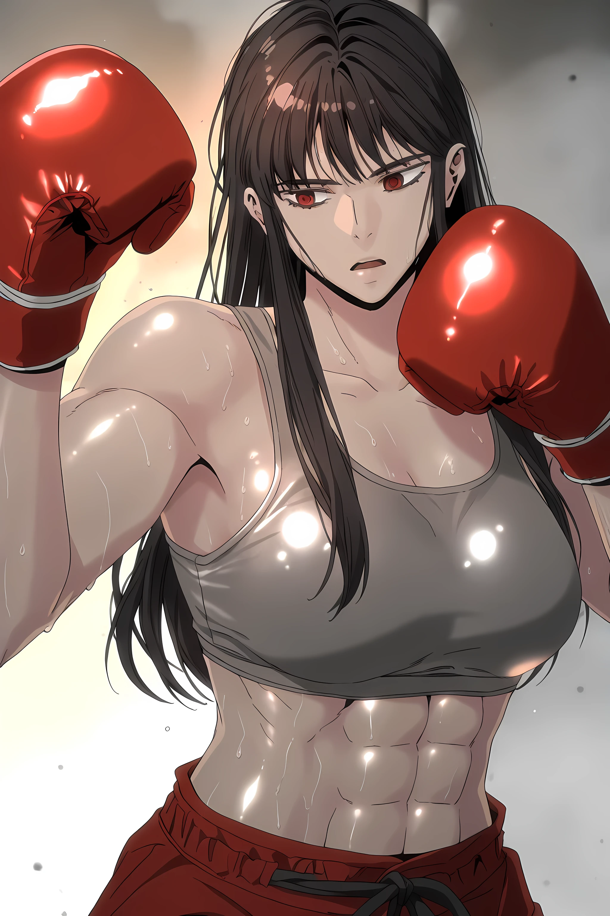 1girl, solo, young mature, ihwa, long hair, red eyes, black hair, ringed eyes, sidelocks, (ringed eyes:0.8), medium breast, toned female, abs, shiny body, sports bra, boxing gloves, sweating, fighting stance, open mouth