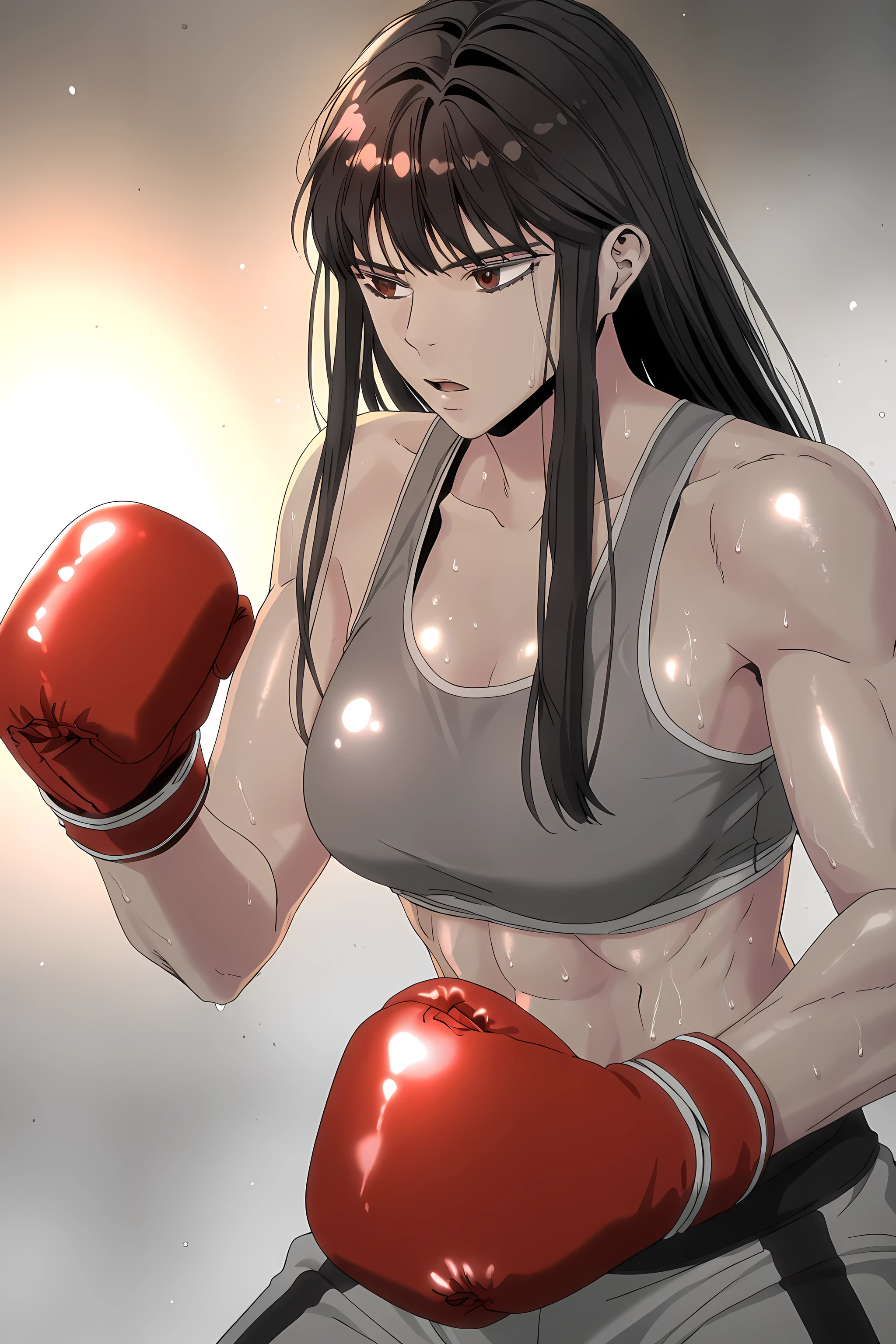 1girl, solo, young mature, ihwa, long hair, red eyes, black hair, ringed eyes, sidelocks, (ringed eyes:0.8), medium , toned female, abs, shiny body, sports bra, boxing gloves, sweating, fighting stance, open mouth