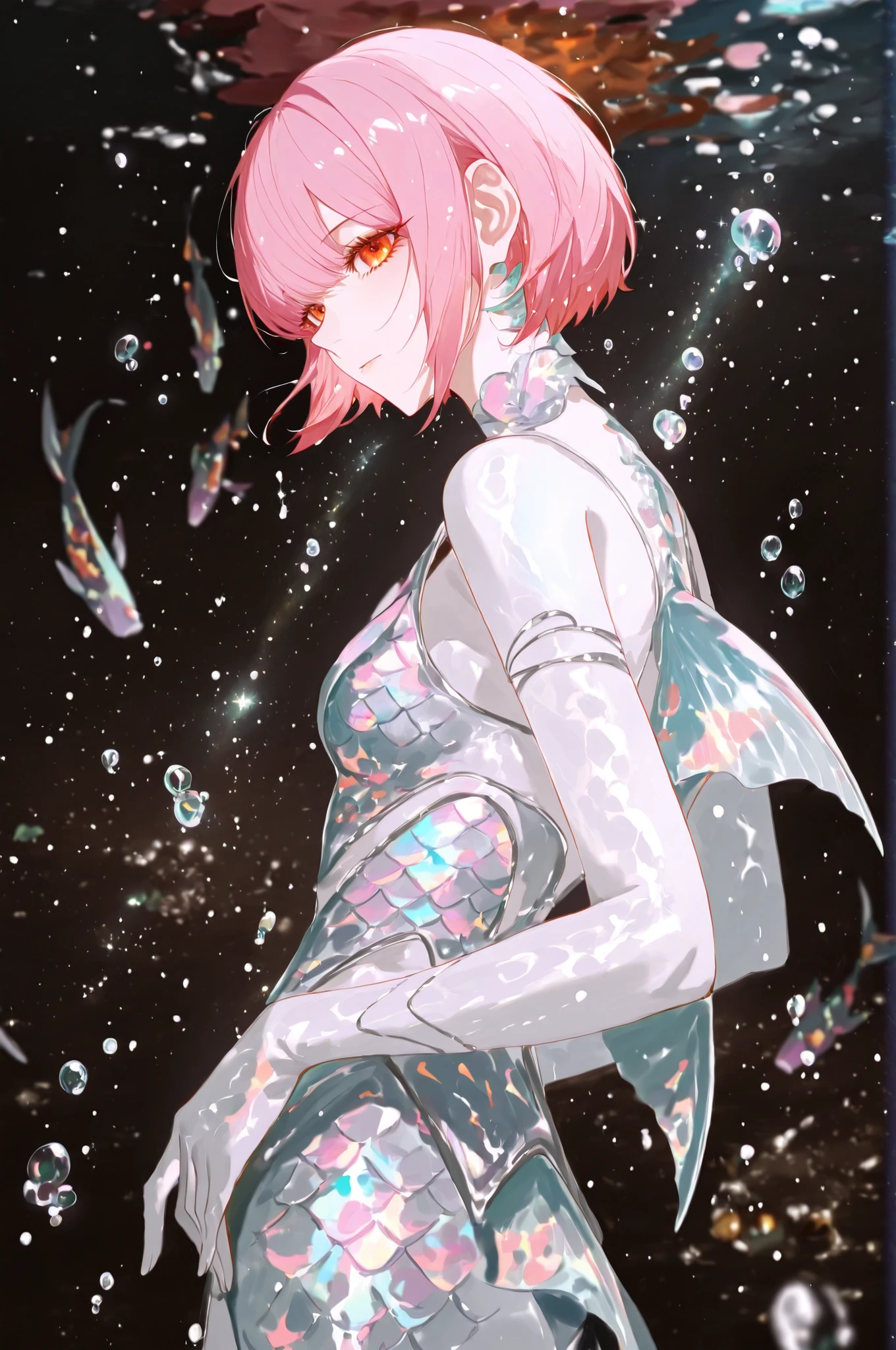 Anime style illustration. Fashion show scene underwater. A female model with pink bob-cut short hair and deep orange eyes walks the runway, wearing a fish scale skin concept outfit—her skin and clothes shimmer with iridescent, metallic reflections like fish scales. The background is a dark, mysterious underwater space, with an ethereal, magical atmosphere.