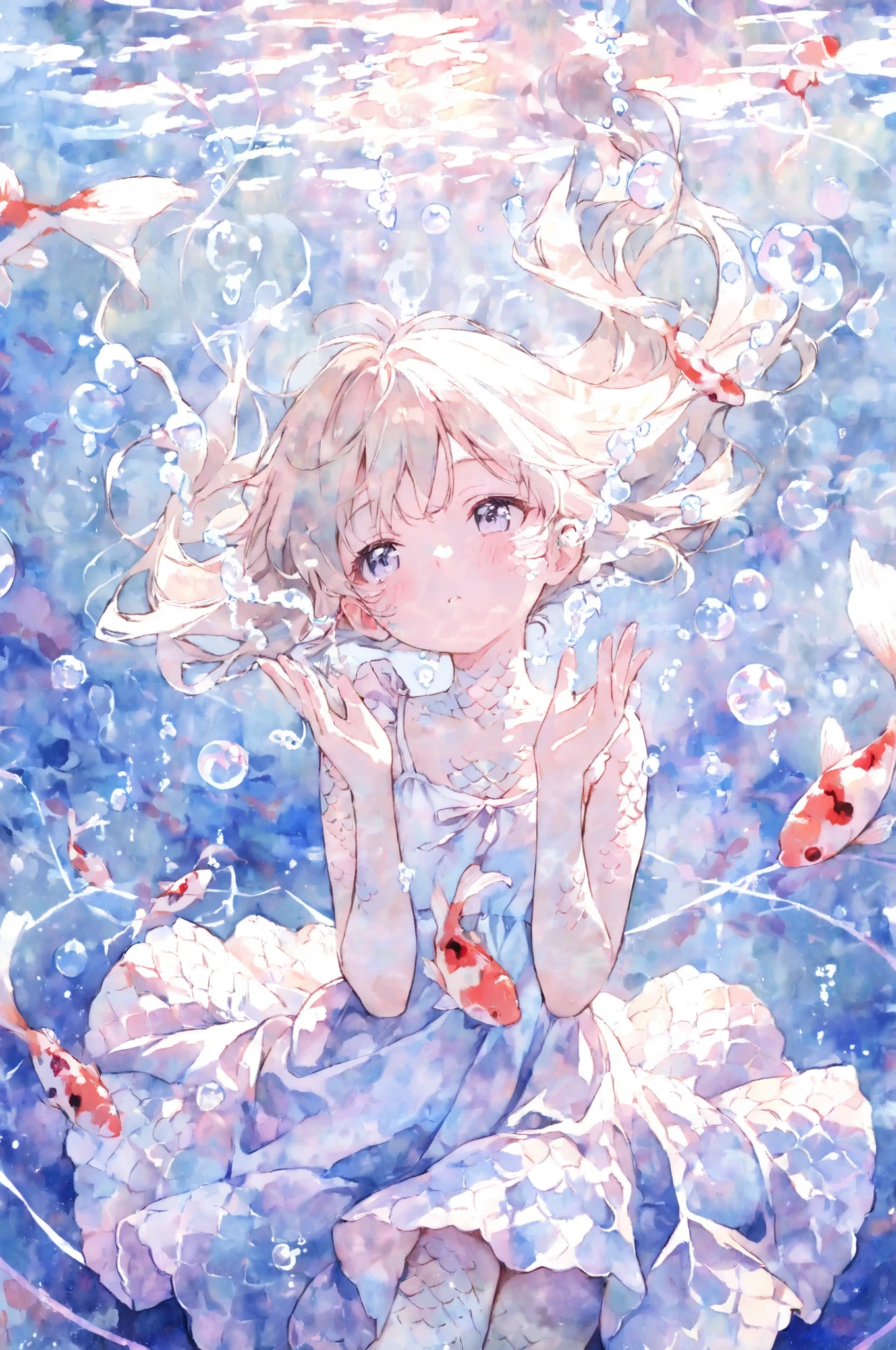 (masterpiece), muted pastel watercolor, soft diffused illumination,
young girl floating underwater, scales visible only in refracted light,
scale pattern moves like koi fish colors across skin,
hair weightless, bubbles trailing, serene and dreamy mood,
film-grain nostalgia, emotional stillness