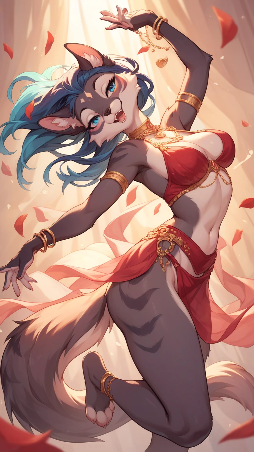 top quality, ancient Chinese beauty(highly detailed beautiful face and eyes)absurdres, perfect ((beast woman, solo focus)) (((furry))) (furry anthro:1.7) ((((Furry body, fox  features, fox body features)))) ((fox's muzzle, very detailed body fur))full body, dancing pose, gorgeous dress embroidered with intricate embroidery,  colorful ribbons tied around her arms,  shoulders, open neck, wreath, black bun with flower hairpins Belts, armbands with streamers, necklaces, bracelets, anklets, metal chain tassels around the waist, Mogao Grottoes art, inspiration from Dunhuang Flying Apsaras murals, ink wash,