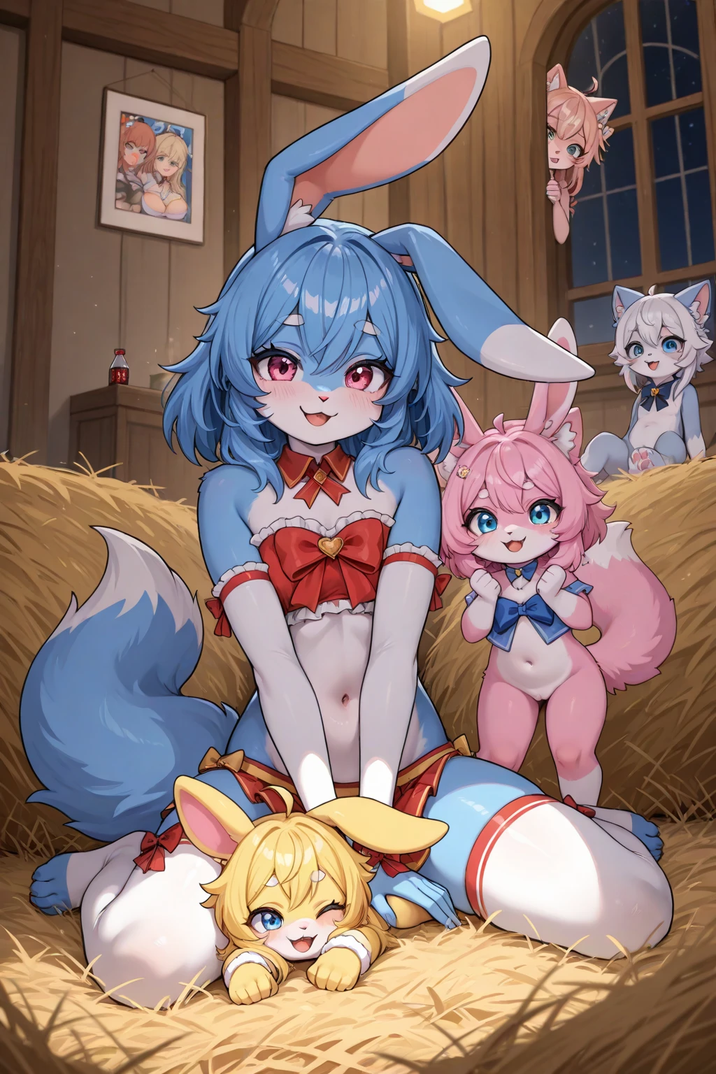 ((arm on the waist)) (fox girl, red hair, yellow eyes, fox ears, dog ears, military uniform, evil, smiling, grinning)