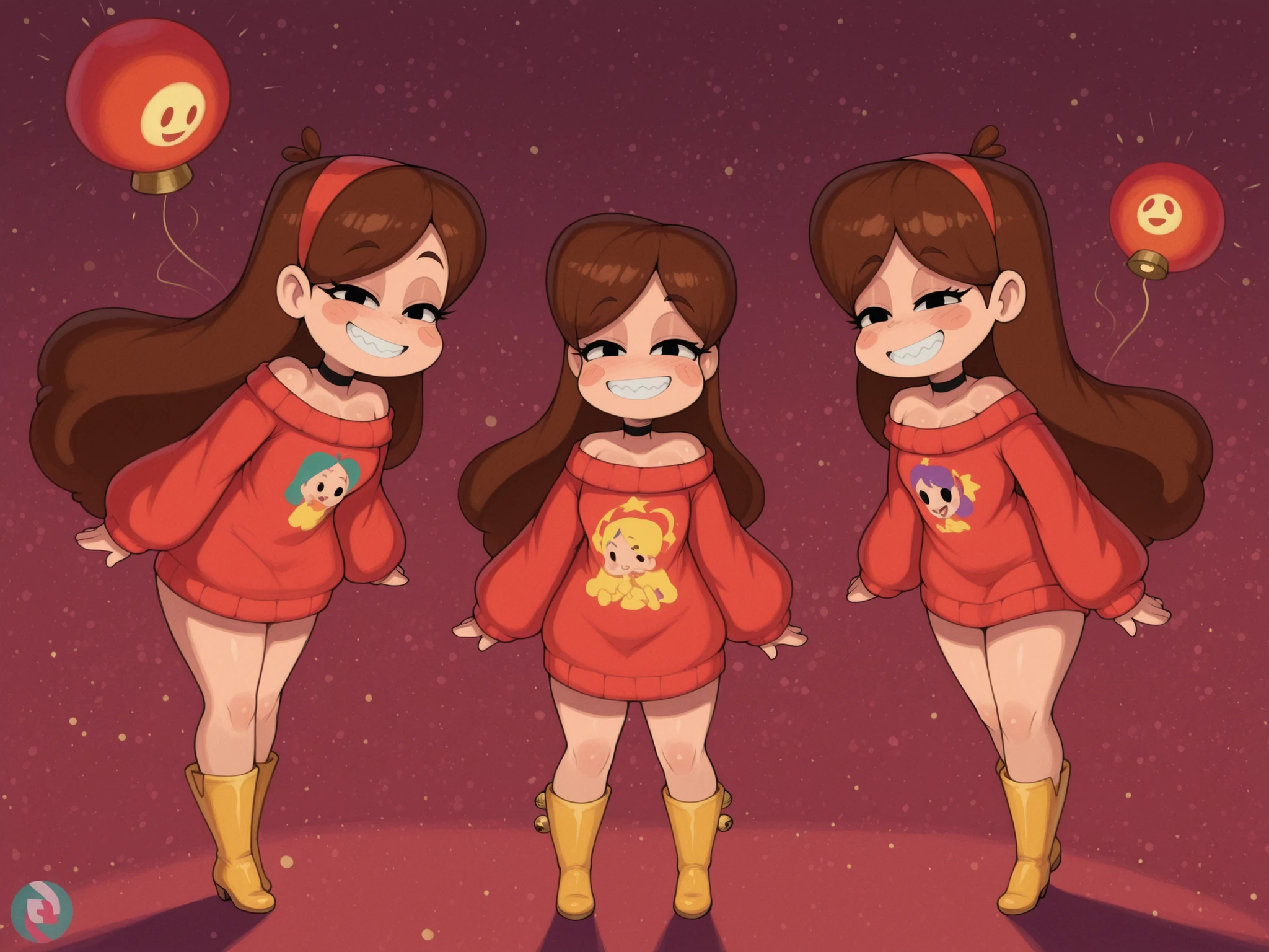 Mabel Pines, blush stickers, brown hair. black eyes. half-closed eyes, small breasts. long eyelashes, choker. | A mystical celebration of Ayaba and Yuri in the underground realm. A vibrant fair with whimsical аттракционы, floating balloons, and enchanted stalls. The main character wears an oversized knitted sweater and thigh‑high boots, smiling amid the festive glow. Soft neon and lantern light creates a dreamy atmosphere, with subtle magical effects swirling around. Detailed textures, rich but not overly dark colors, playful yet slightly eerie mood. PG‑13 rating, balanced between wonder and otherworldly charm.