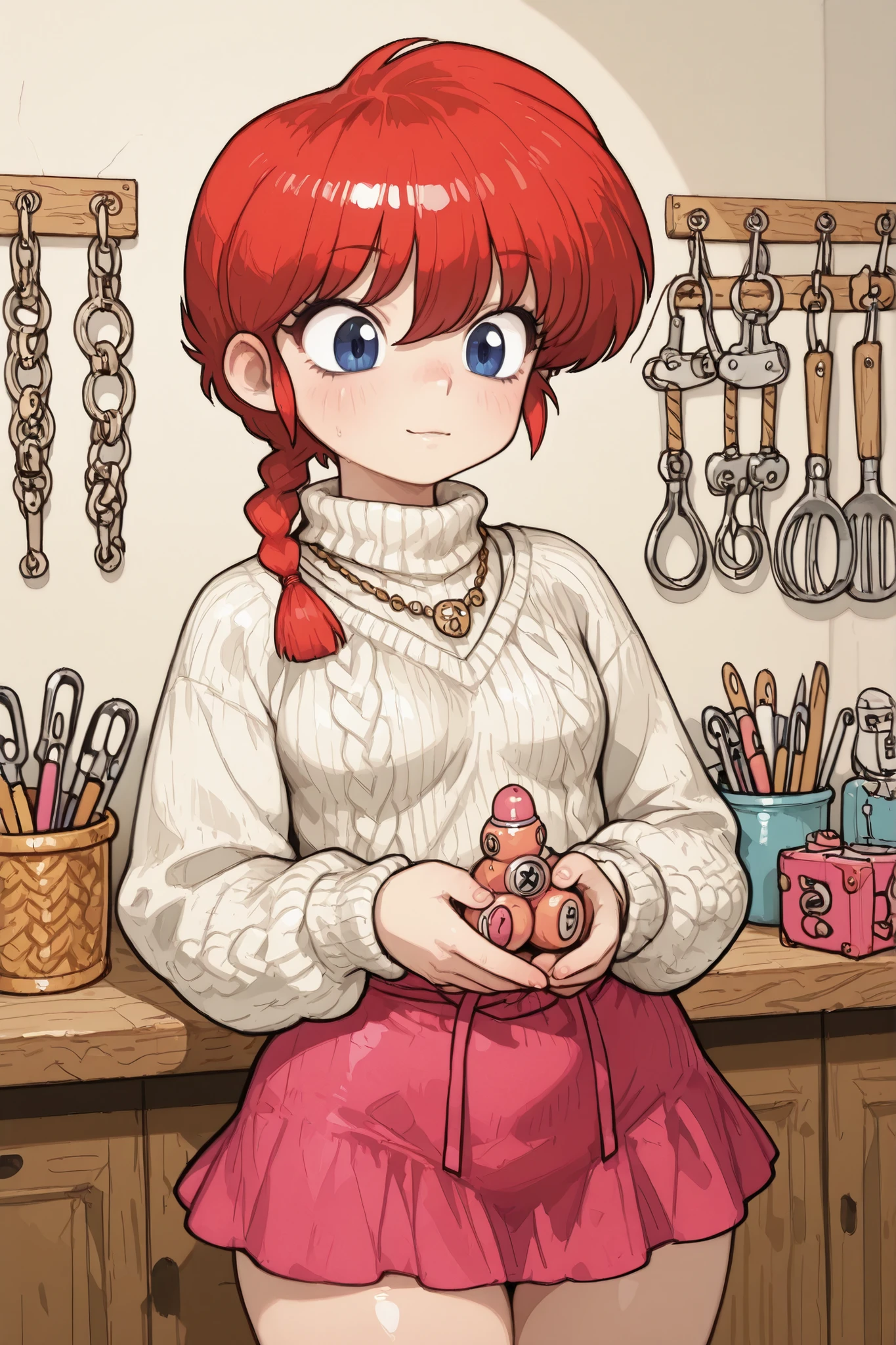 Ranma Saotome. red hair. blue eyes. braid. small breasts. wide hips. necklace. black eyeliner. pink manicure. | A toy restorer in a cozy workshop carefully mending vintage toys. The character wears a knitted sweater and a voluminous skirt, surrounded by tools, threads, and half‑restored toys. Soft warm light creates a gentle atmosphere. Some toys show visible scars being repaired; subtle magical glow hints at memory restoration. Detailed textures of fabric and wood, delicate hands at work. Wholesome, slightly whimsical mood, emphasizing care and craftsmanship. PG‑13 rating, clean visual style.


