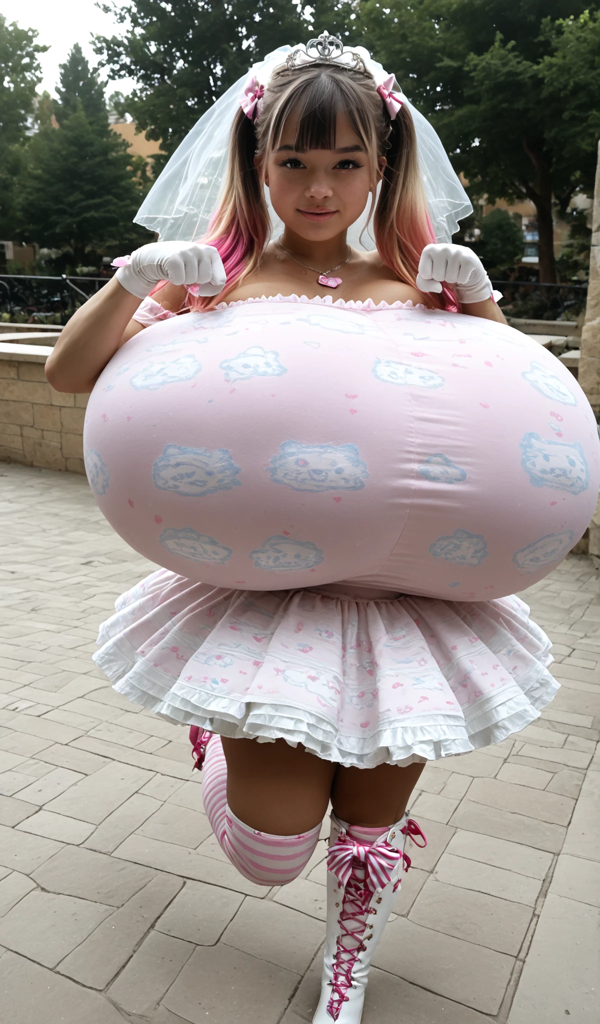 masterpiece, best quality, amazing quality, solo, ((paw pose, one leg up high, dynamic  angle,cinematic angle, looking viewer:1.3)), loli,shortstack,  (hourglass figure), (hime cut twintail, straight bangs, pink 2tone  hair), ((hyper breast, gigantic breast)), (fabric stretching over full clothed breasts, jyojifuku, print clothes,pastel color clothes, shirt, skirt, thighhighs, high boots, micro mini clothe, wedding dress,strapless dress,bridal veil,white bow,necklace,strapless dress,striped bow,hair bow,off shoulder,white gloves,hand bow, ),  in the poolside,realistic hand, CyberRealistic_Negative_PONY_V2, PA7_sdxl-Photo, GanguroGyaru, 