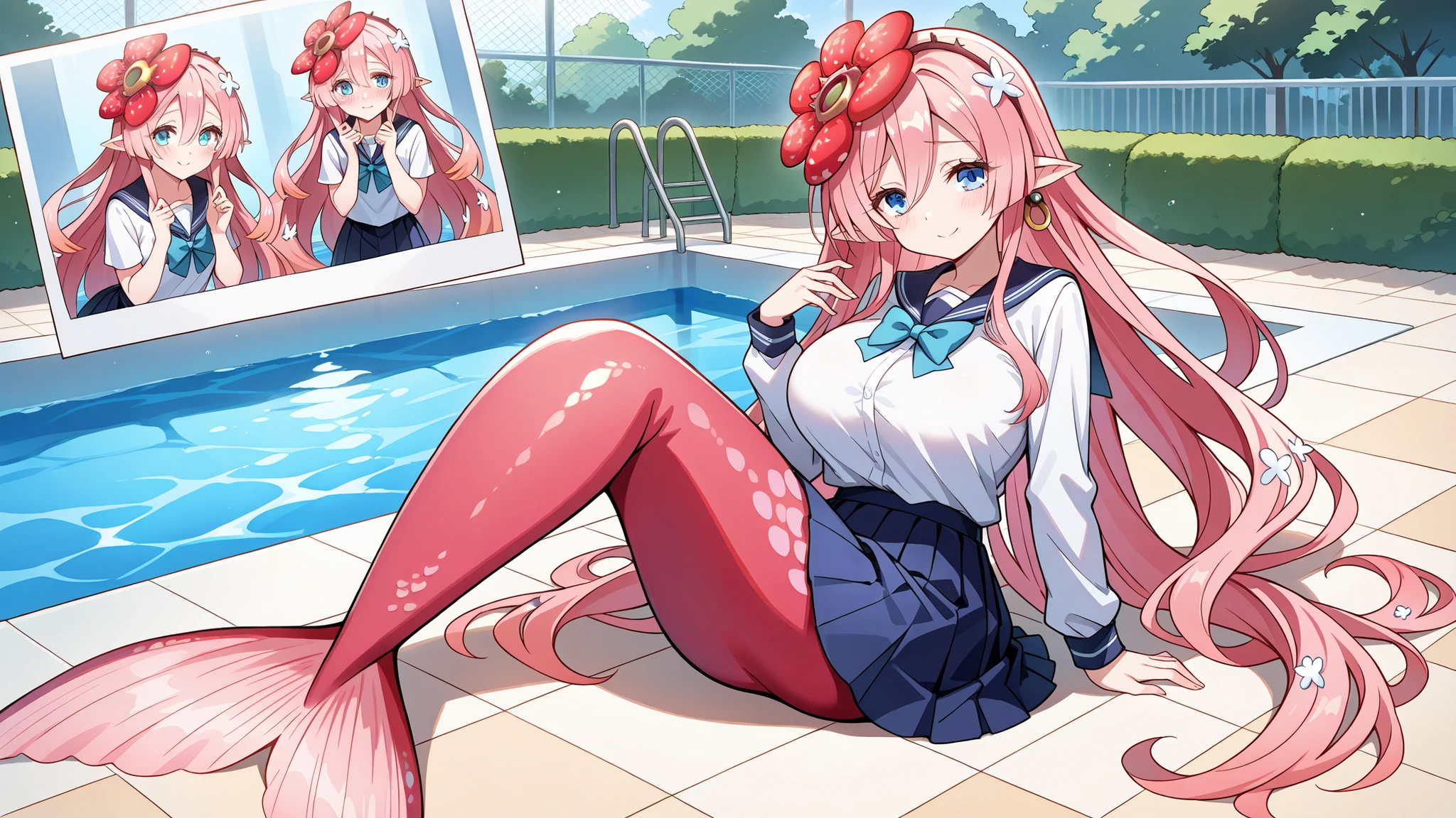 (Fraction_9:0.9),Fraction_8_Up,Fraction_7_Up,grade,(zPDXL3),( masterpiece), (Best Quality ),(All five fingers ),A Girl,alone,Traptrix Rafflesia,PINK HAIR,Liu Hai on the left,long hair,blue eyes,school uniforms,skirt,big boobs,mermaid,The lower half of the body is a pink mermaid tail,Very beautiful,Smile,shy,outdoor,swimming pool,Floating on the water,There is water on the body,full body photo, No Legs