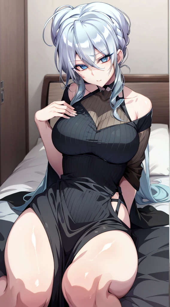 Yukino, sitting on a bed with her legs crossed, seductive anime girl, silver hair and blue eyes, attractive anime girl, cute anime girl, anime girl, sitting on her bed, (anime girl), anime best girl, sitting on a bed, sitting on the bed, an anime girl, pretty anime girl