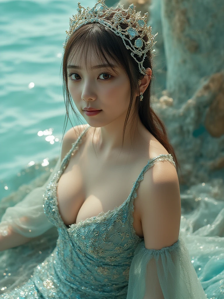 beachside，gigantic cleavage breasts，Sheer dress wedding dress。