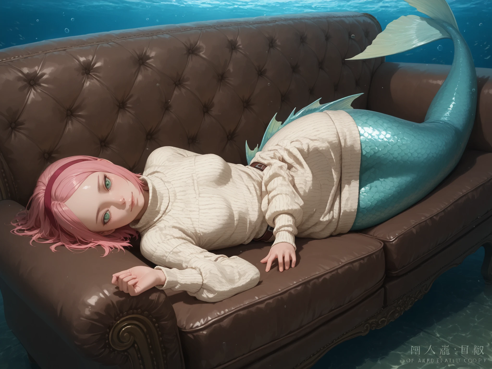 Sakura Haruno. small , huge , pink hair, medium hair, light green eyes, thin lips, very fair skin, big forehead. | A mermaid lying on a sofa at the ocean floor, underwater. She wears a cozy knitted sweater and a ribbon‑like belt. Her beautiful fish tail features shimmering scales in turquoise, emerald, and gold hues. Soft, diffused light filters through the water, creating gentle highlights and shadows. Detailed texture of the sweater, realistic scales, serene and mystical atmosphere. Fantasy, photorealistic style.