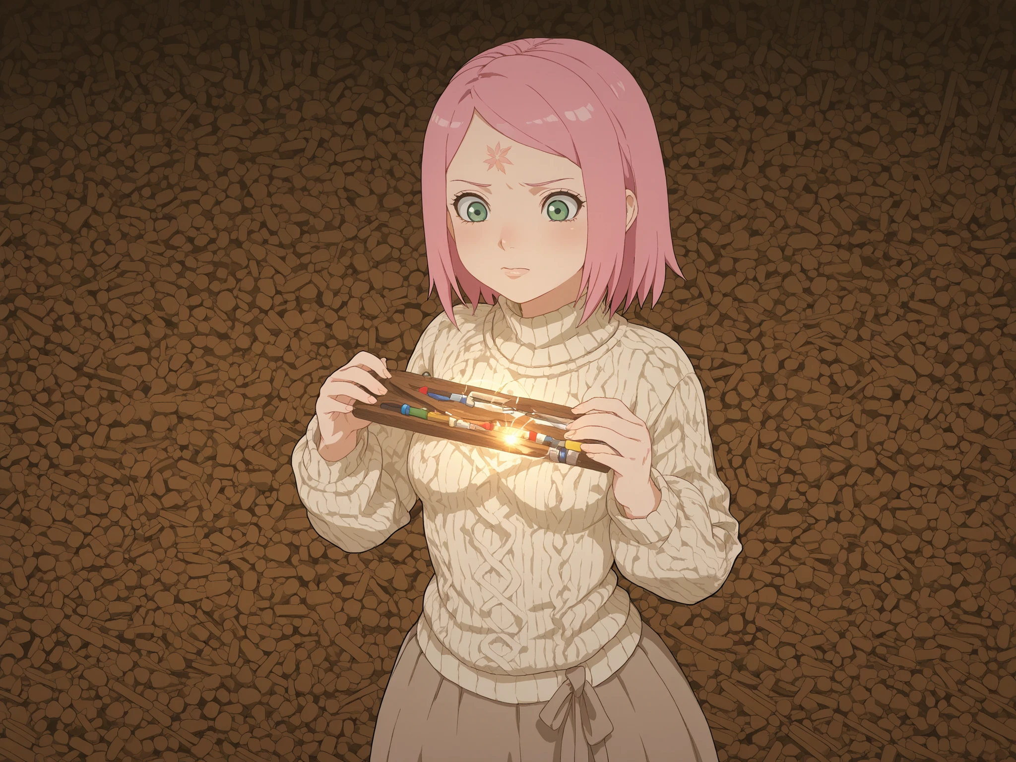 Sakura Haruno. small , huge , pink hair, medium hair, light green eyes, thin lips, very fair skin, big forehead. | A toy restorer in a cozy workshop carefully mending vintage toys. The character wears a knitted sweater and a voluminous skirt, surrounded by tools, threads, and half‑restored toys. Soft warm light creates a gentle atmosphere. Some toys show visible scars being repaired; subtle magical glow hints at memory restoration. Detailed textures of fabric and wood, delicate hands at work. Wholesome, slightly whimsical mood, emphasizing care and craftsmanship. PG‑13 rating, clean visual style.