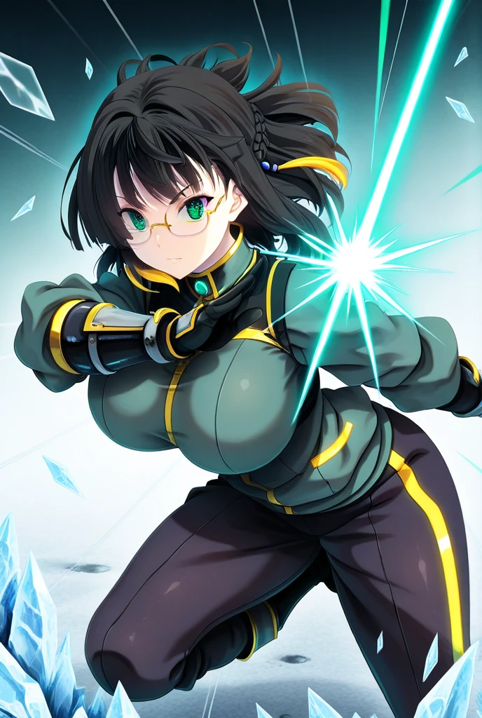 The woman boxer, dressed in tight combat clothing, leaped high and threw her right fist with a golden energy halo. Her face was full of fighting spirit, sweat splattered, and the surrounding light and shadow effects highlighted the speed and strength of the boxer's punches. (Subject: boxer, costume: tight combat suit, skill effects: golden energy halo, action: jumping and punching, expression: high fighting spirit, detail: sweat splashing)