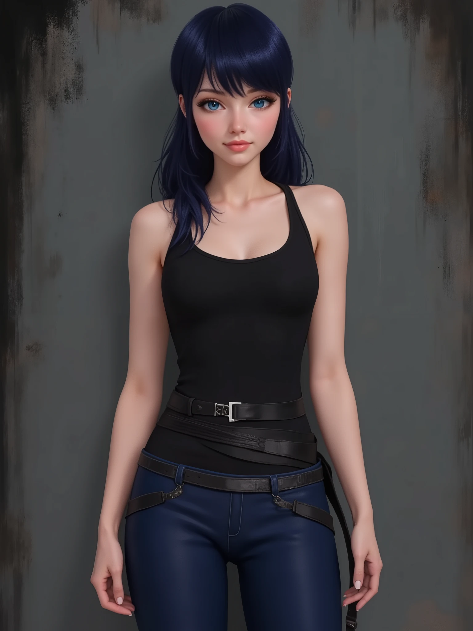 realistic cartoon, marinette Dopanchan, A very beautiful and cute 22 year old woman. (Sharp focus on the face:1.5), (blue eyes:1.5), (((western eyes))), (extremely detailed blue eyes:1.5), (((beautiful eyes, beautifully detailed eyes))), (((delicately detailed thin pink lips))), (((long hair))), (thin waist), (perfect thighs:1.5), (perfect body:1.5), (perfect anatomy), (anatomical correct). (jet-black medieval style sleeveless t-shirt:1.5), (dark_blue medieval style leather warrior pants:1.5), deep gaze, slight smile. (((The background is dark_gray and painted with expressive, visible textures using dynamic brushstrokes and strokes that add depth and movement. The paint covers only the area just behind the subject. The outer edges of the image with black margins, as if the background had been painted with a brush and with expressive and visible textures using dynamic brushstrokes and strokes fading toward the edges creating a modern and artistic vignette effect))). Cinematic lighting, vibrant colors, (cowboy shot:1.5, standing:1.5), (full body view), looking at the viewer, dynamic pose, graceful pose, soft depth of field, (masterpiece:1.5), (best quality:1.5), (((high resolution, top quality, high quality, UHD, 16k quality))), clear image, sharp focus, no blur, film grain, bokeh.