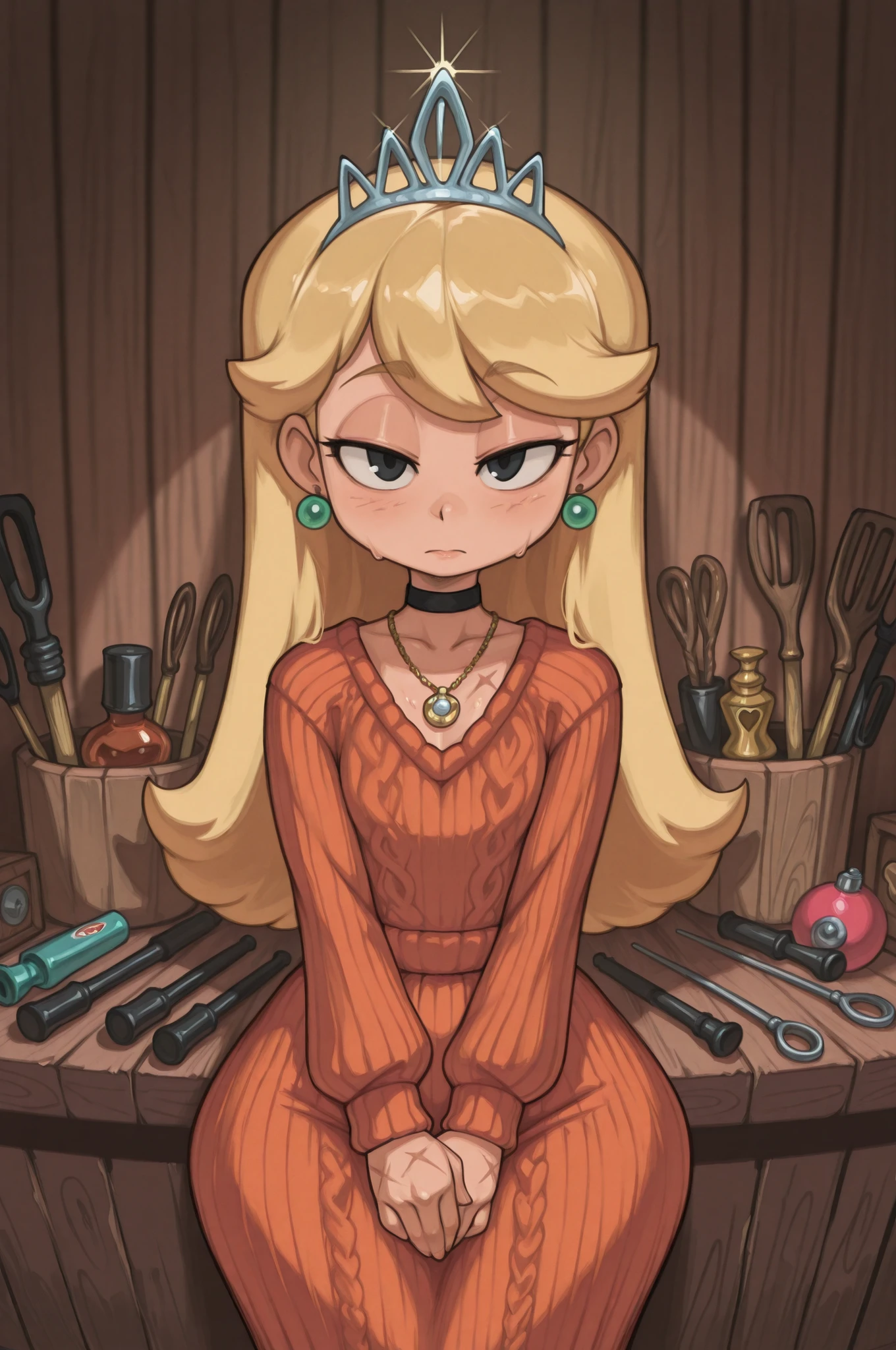 flat breasts. flat chest, skinny, huge hips, looking at viewer, 1o1a, blonde hair, tiara, Black eyes, earrings, necklace, choker. | A toy restorer in a cozy workshop carefully mending vintage toys. The character wears a knitted sweater and a voluminous skirt, surrounded by tools, threads, and half‑restored toys. Soft warm light creates a gentle atmosphere. Some toys show visible scars being repaired; subtle magical glow hints at memory restoration. Detailed textures of fabric and wood, delicate hands at work. Wholesome, slightly whimsical mood, emphasizing care and craftsmanship. PG‑13 rating, clean visual style.