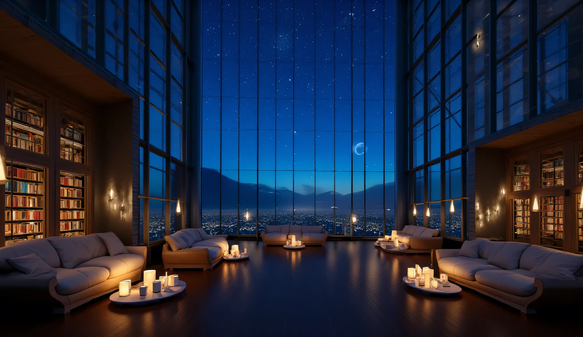 Wide々andした空間に魅惑的なシーンがWideがります, A modern room with a huge, tall glass wall that invites the outside world. At night, envelops the surroundings in deep blue. It's a place where you can soak in both literature and the beauty of an enchanting night, 星空andandもに魔法のようなシュールな背景を作り出しています. This scene evokes peaceful solitude and wonder, creates a gentle winter atmosphere. internal, High ceilings and large windows create a grand and open atmosphere {x} bright lights reminiscent of fireflies and distant stars twinkle on the glass exterior walls {x} of numerous lantern-style lamps Warm light projects puddles golden light is reflected on the wooden floor, and、express. A modern room with books lined up on the left wall, Multiple cozy luxury sofas are arranged、suggest a reading corner or book space. attractively arranged between lamps, 快適さand静けさを表現しています, 高い天井and大きな窓が壮大で開放的な雰囲気を醸し出しています. このシーンは平和な孤独and不思議さを呼び起こします, 文学and魅惑的な夜の美しさの両方に浸るこandができる場所です.