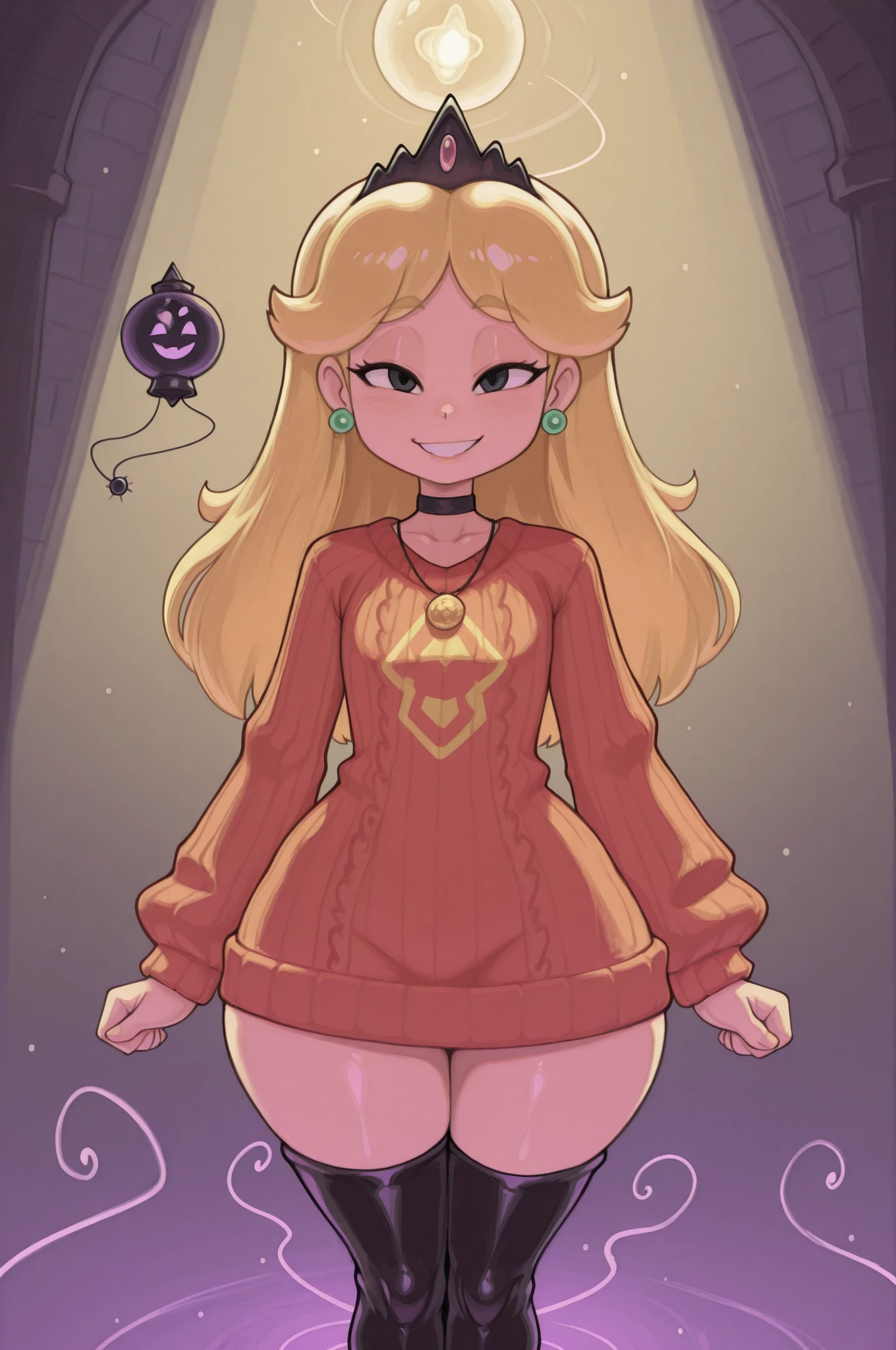 flat breasts. flat chest, skinny, huge hips, looking at viewer, 1o1a, blonde hair, tiara, Black eyes, earrings, necklace, choker. | A mystical celebration of Ayaba and Yuri in the underground realm. A vibrant fair with whimsical аттракционы, floating balloons, and enchanted stalls. The main character wears an oversized knitted sweater and thigh‑high boots, smiling amid the festive glow. Soft neon and lantern light creates a dreamy atmosphere, with subtle magical effects swirling around. Detailed textures, rich but not overly dark colors, playful yet slightly eerie mood. PG‑13 rating, balanced between wonder and otherworldly charm.