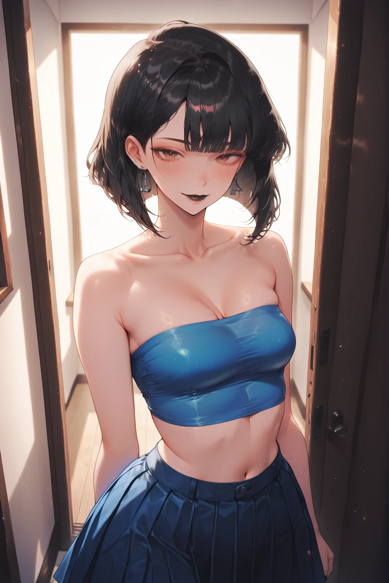 (perfect face), (perfect body), black hair, (medium bob hair), black thin eyebrows, brown eyes, black lips, collarbone, cleavage, (small breasts), (blue tube top), navel, (blue skirt), looking at viewer, (livingroom, beautiful livingroom)
